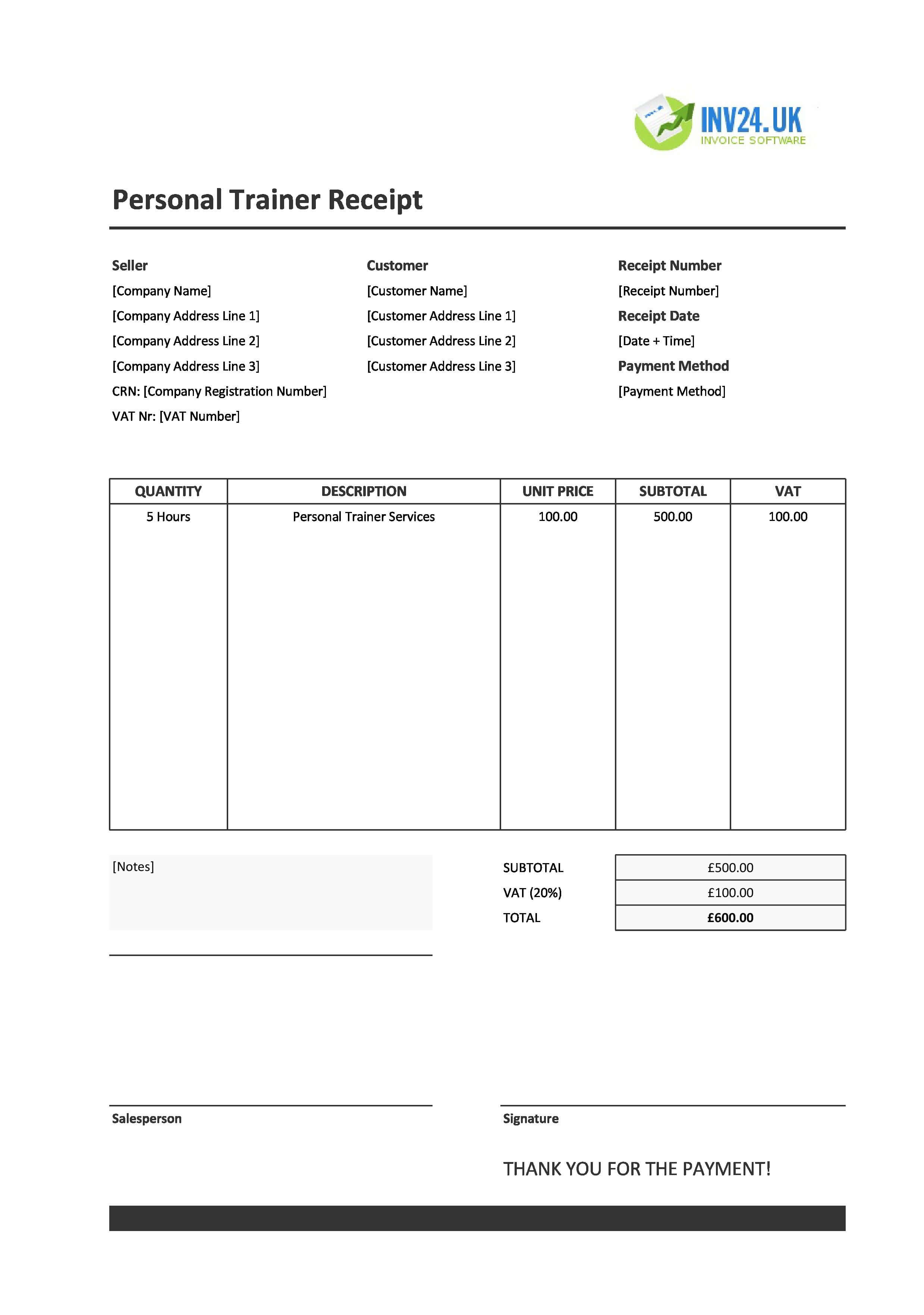Personal Trainer Receipt Template for UK (Excel / Google Sheets)