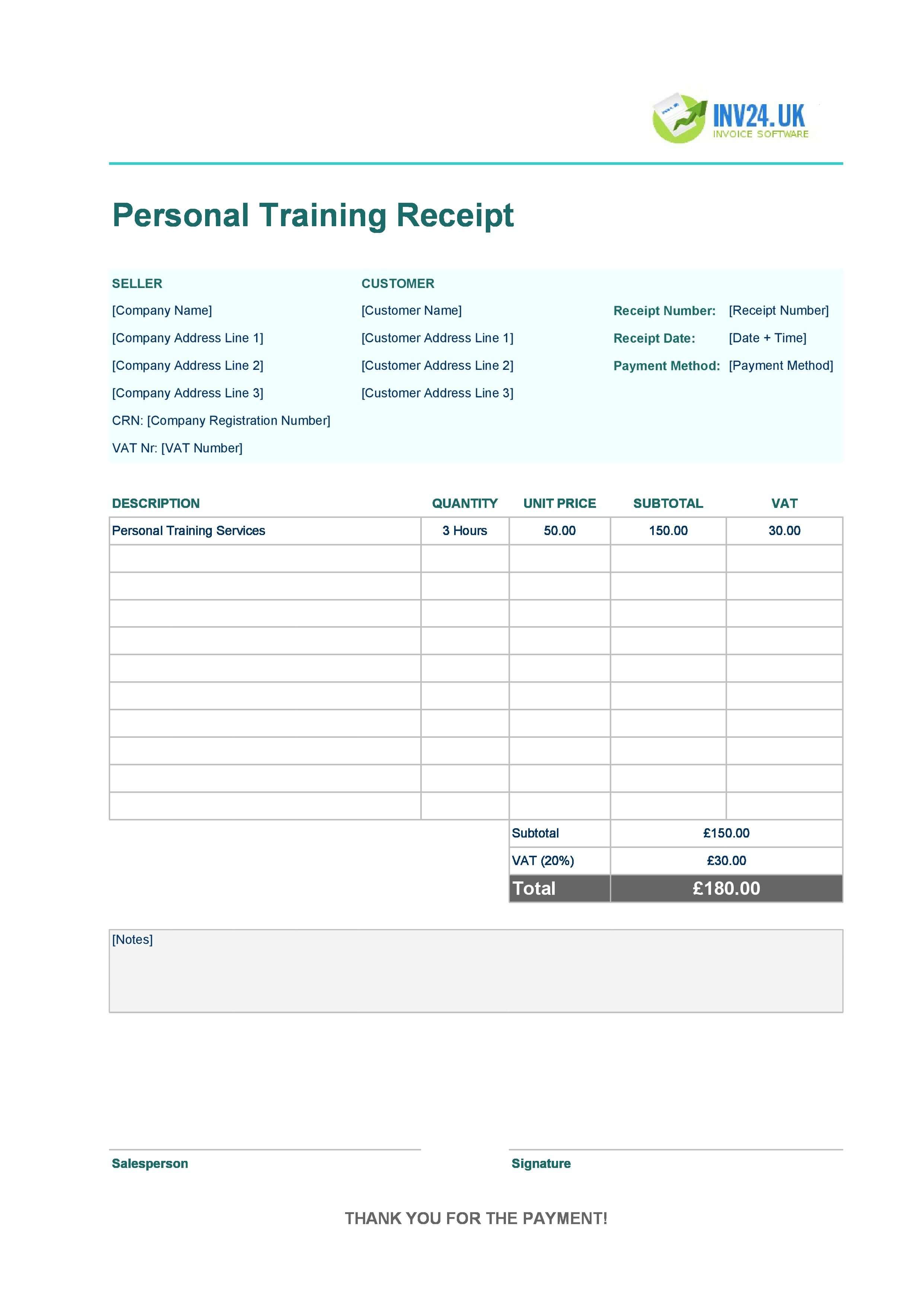 Personal Training Receipt Template for UK (Excel / Google Sheets)
