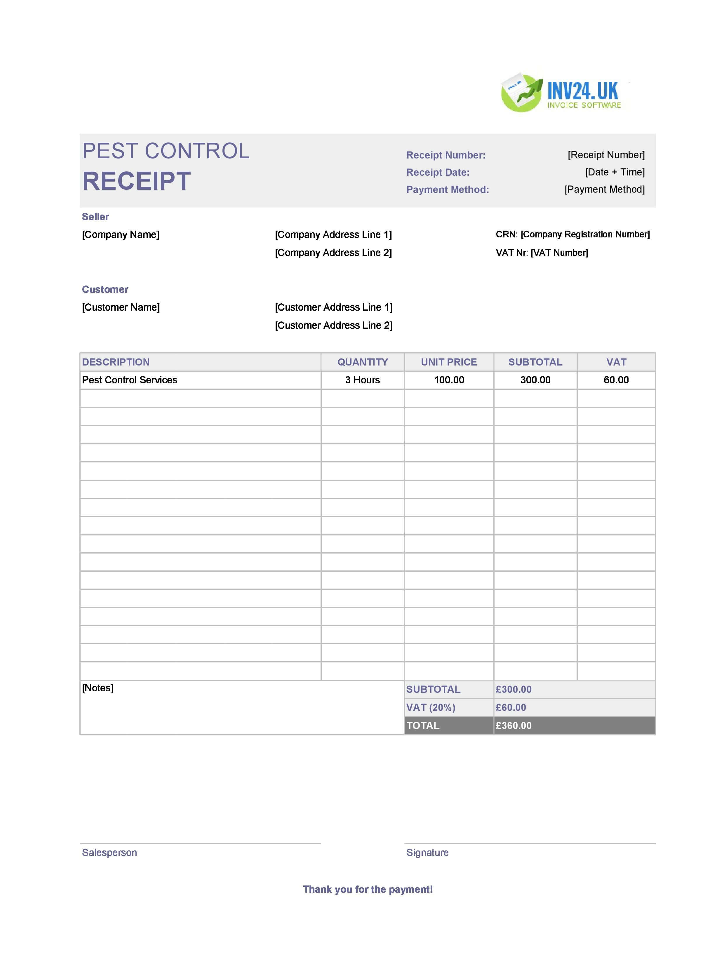Pest Control Receipt Template for UK (Excel / Google Sheets)