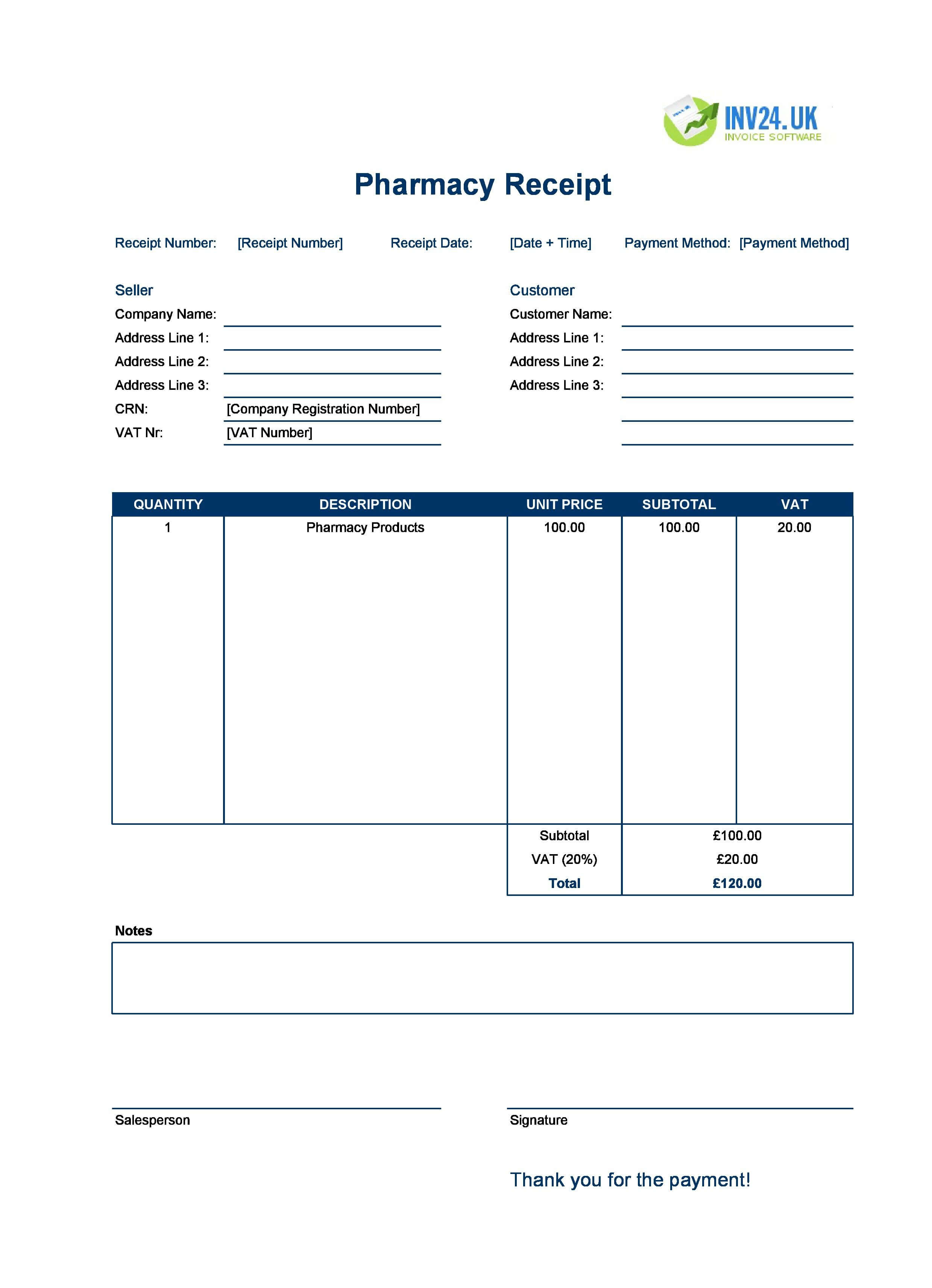 Pharmacy Receipt Template for UK (Excel / Google Sheets)