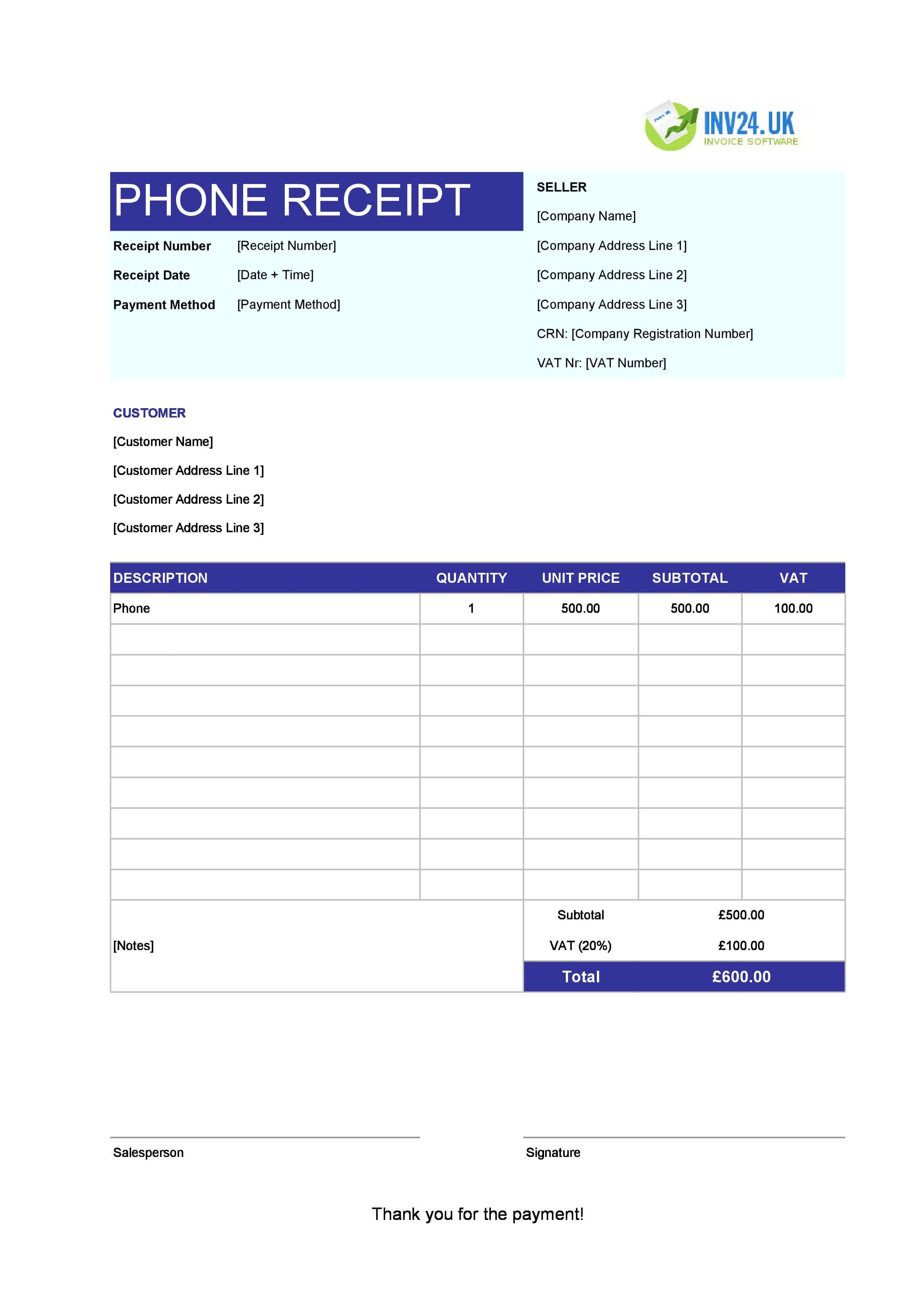 Phone Receipt Template for UK (Excel / Google Sheets)
