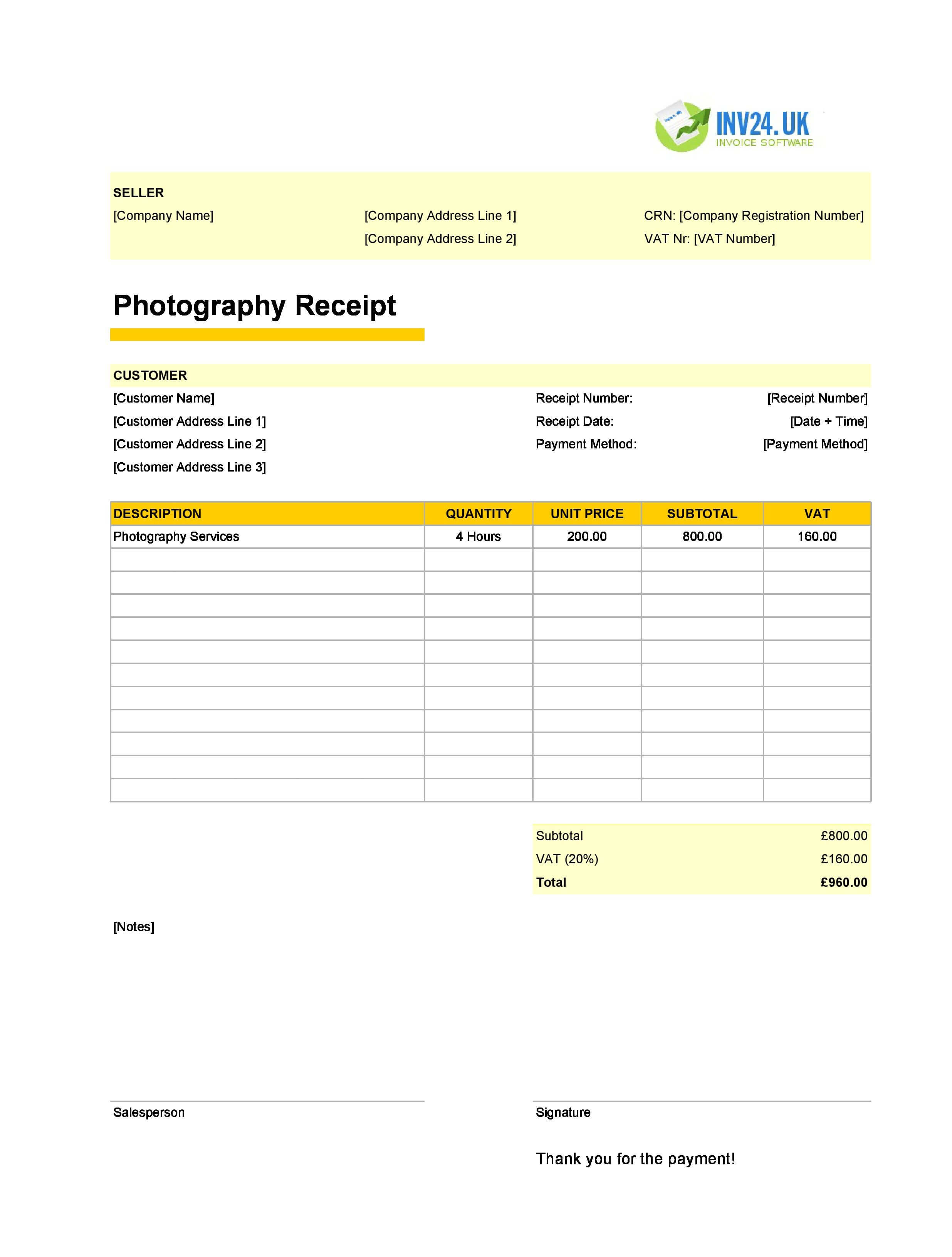 Photography Receipt Template for UK (Excel / Google Sheets)