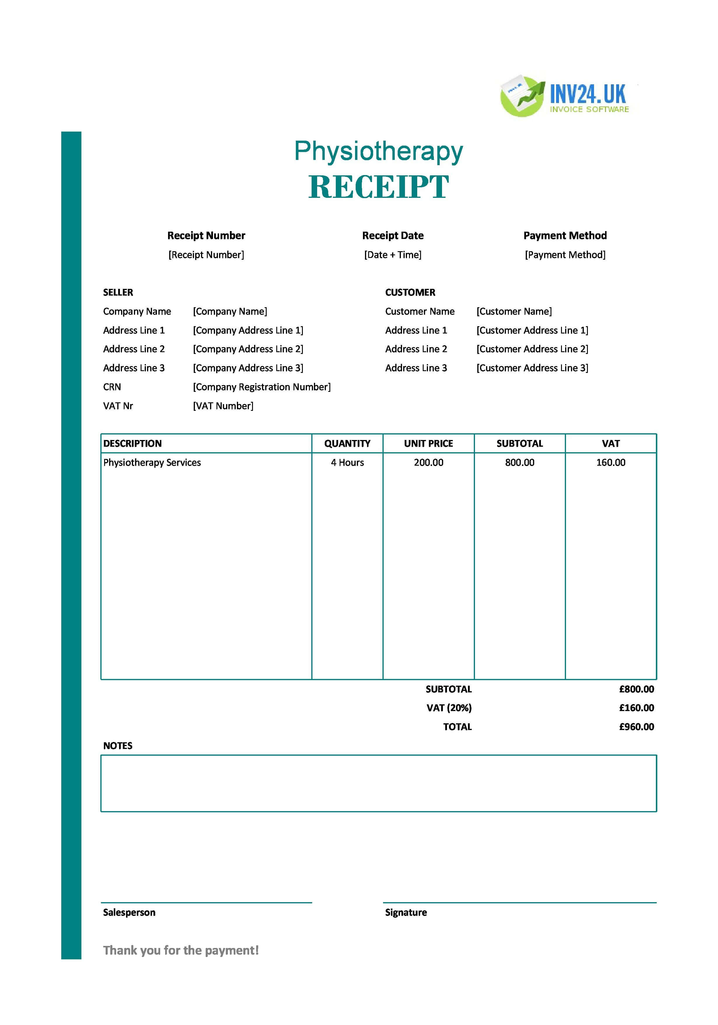 Physiotherapy Receipt Template for UK (Excel / Google Sheets)