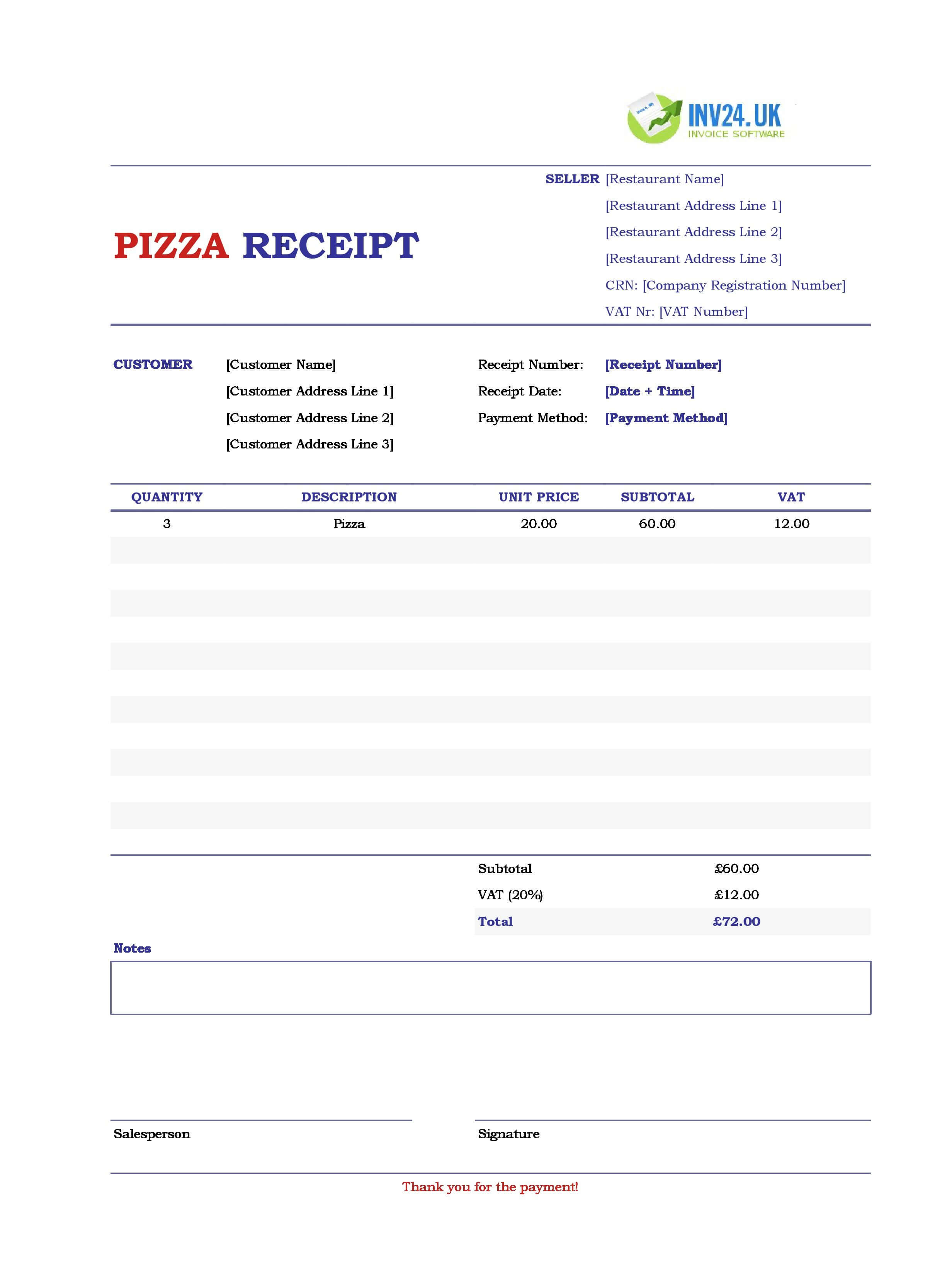 Pizza Receipt Template for UK (Excel / Google Sheets)