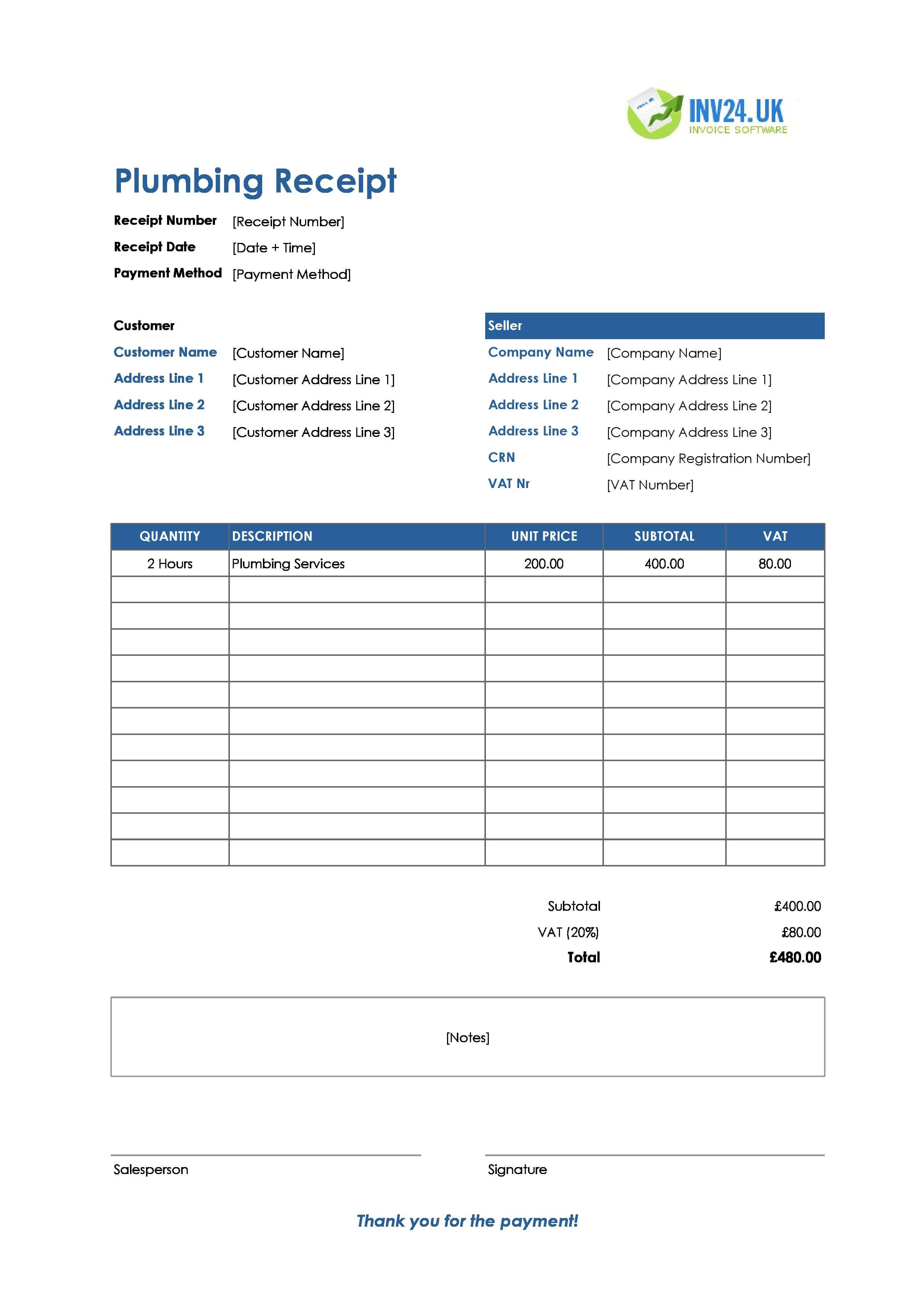 Plumbing Receipt Template for UK (Excel / Google Sheets)