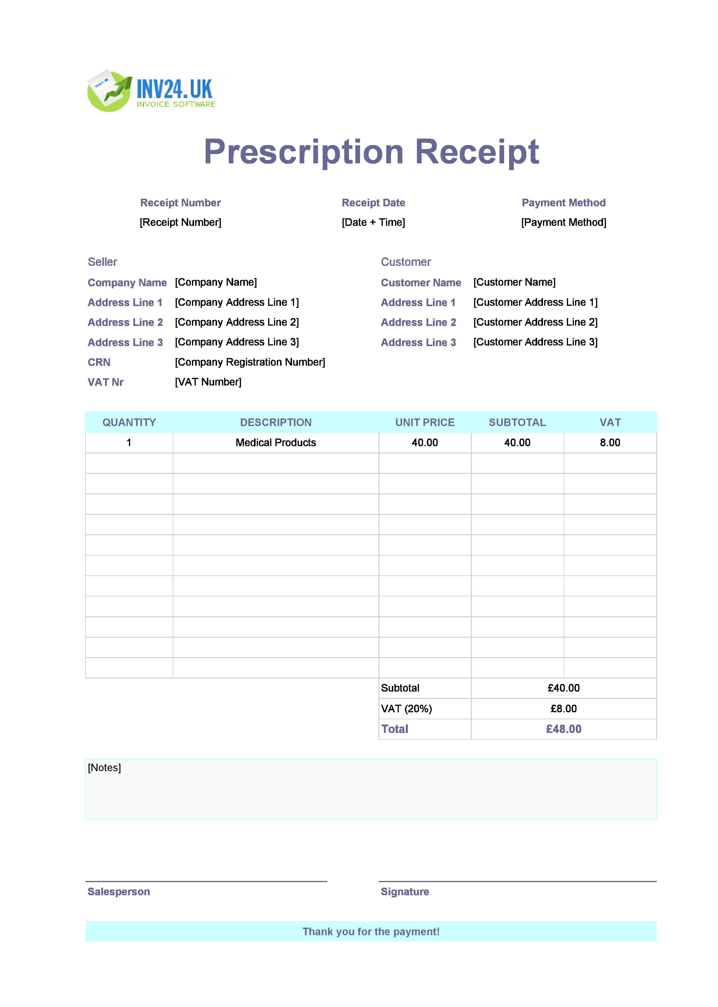 Prescription Receipt Template for UK (Excel / Google Sheets)
