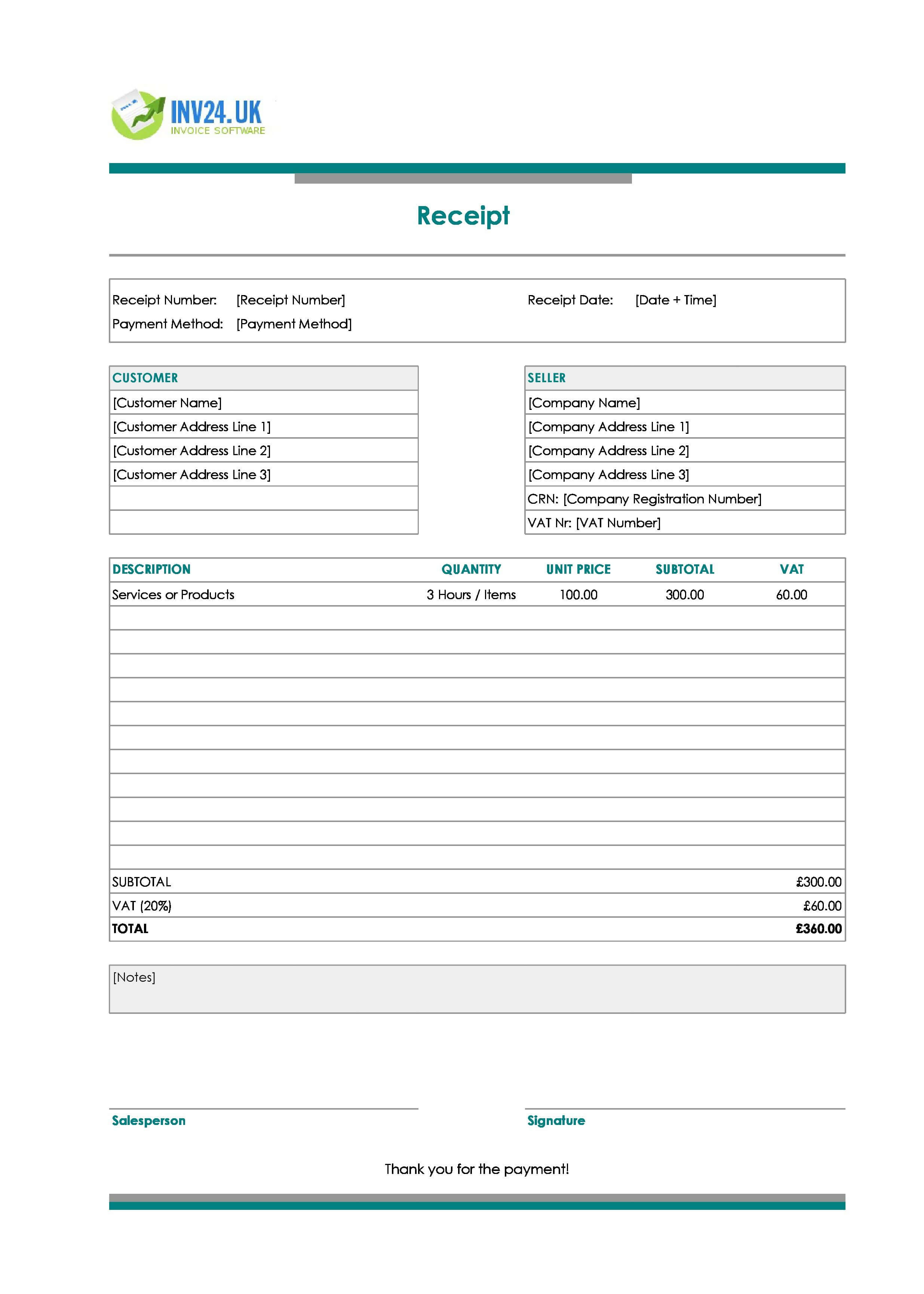 Printable Blank Receipt Template for UK (Excel / Google Sheets)