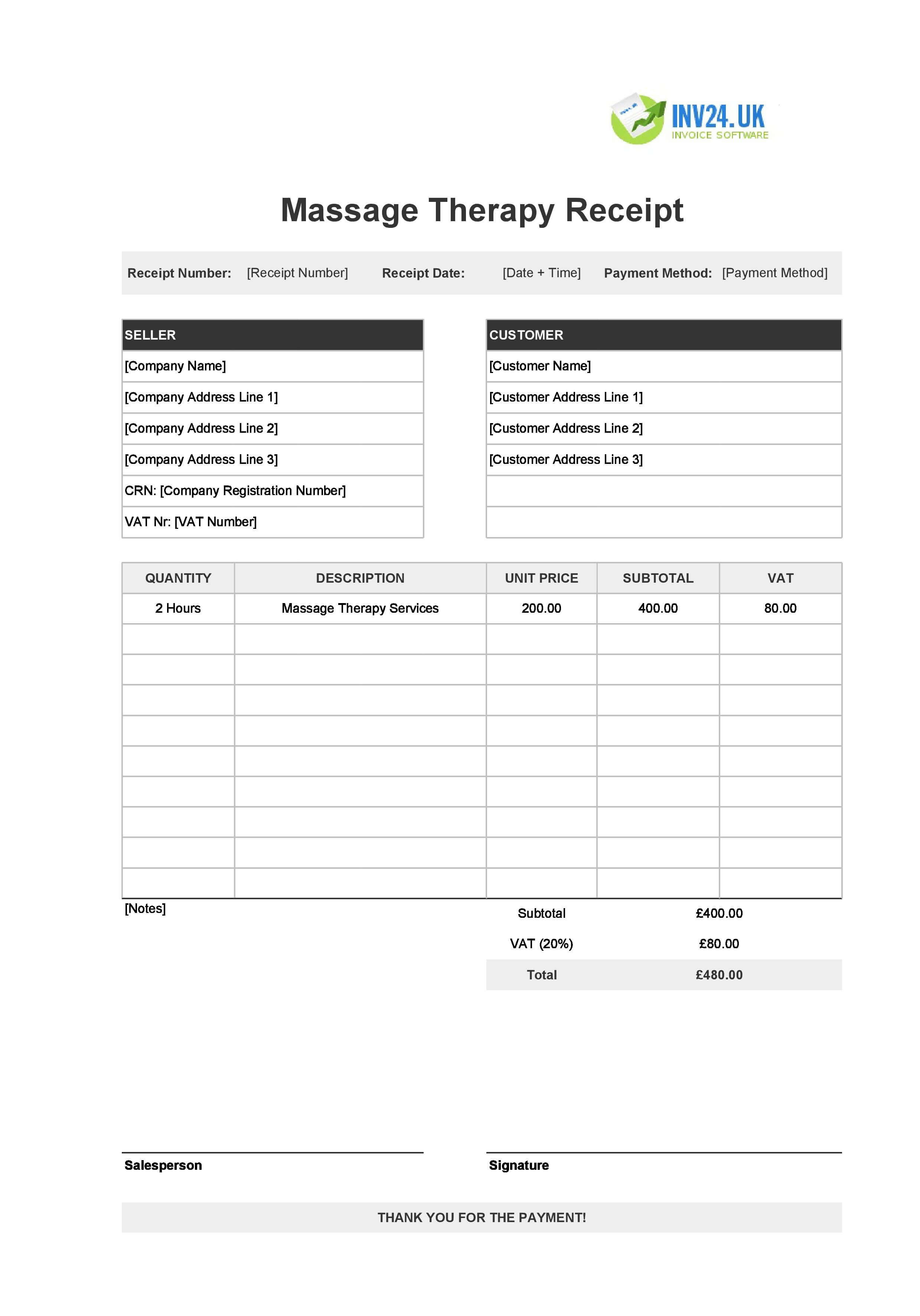 Printable Massage Therapy Receipt Template for UK (Excel / Google Sheets)