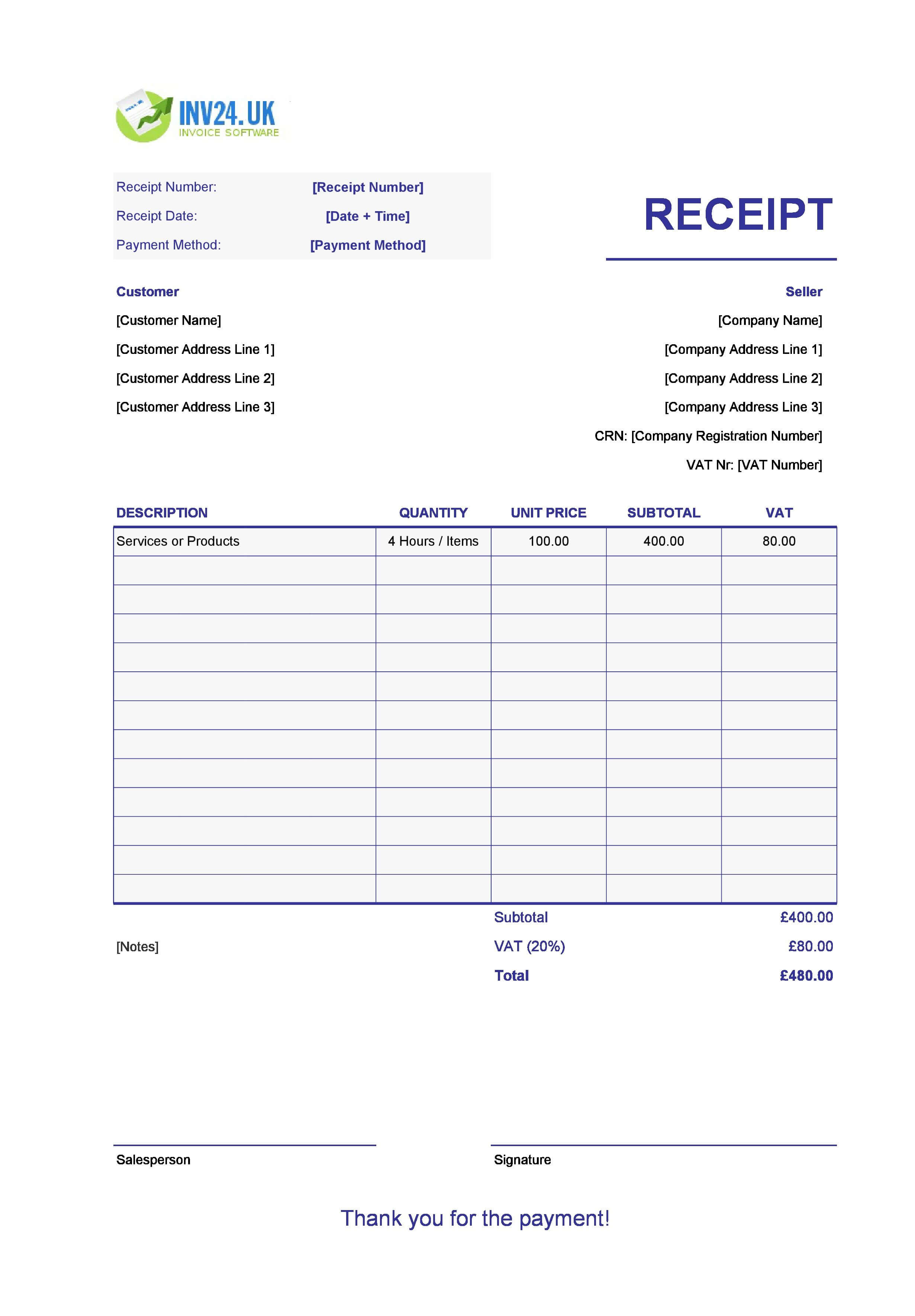 Printable Payment Receipt Template for UK (Excel / Google Sheets)