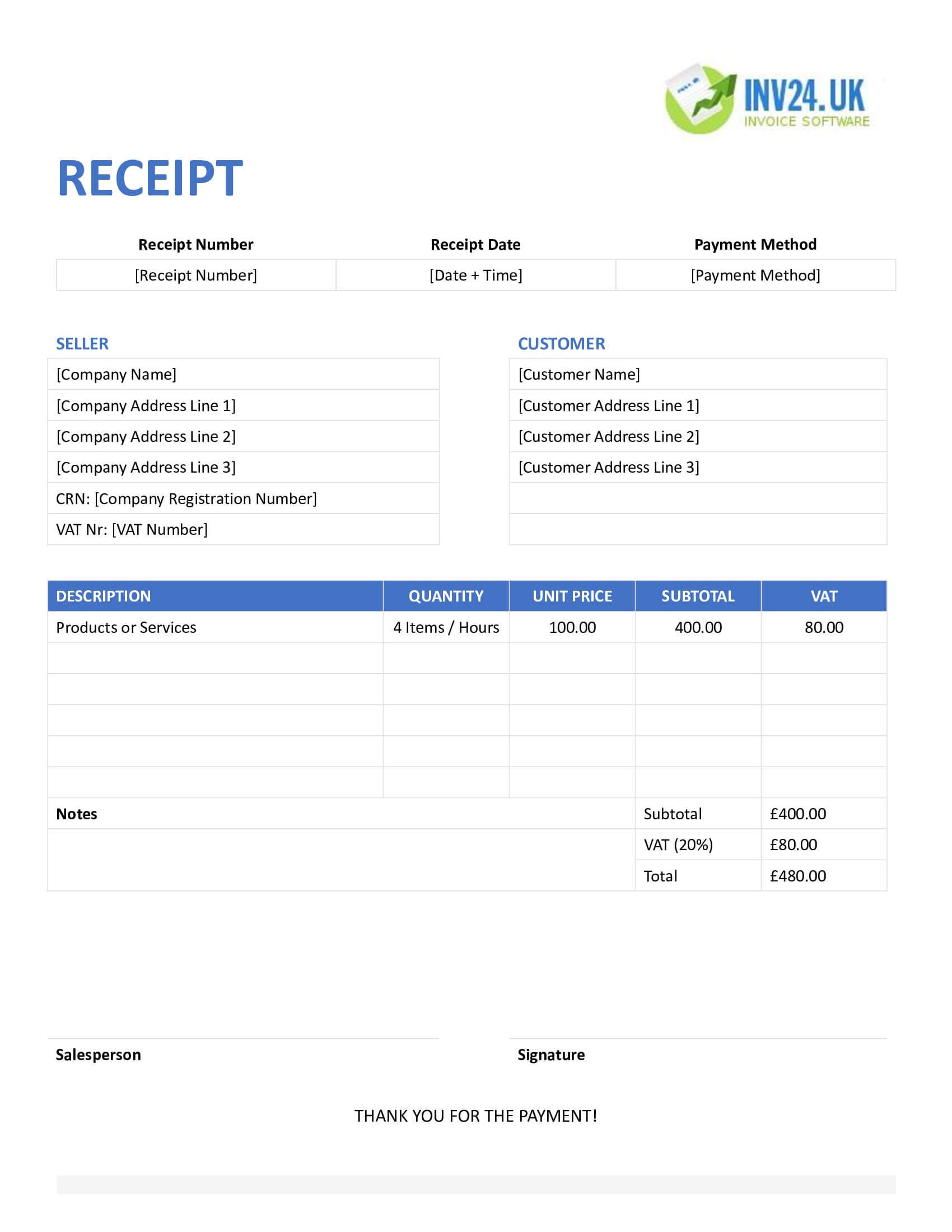 Printable Receipt Template for UK (Word / Google Docs)