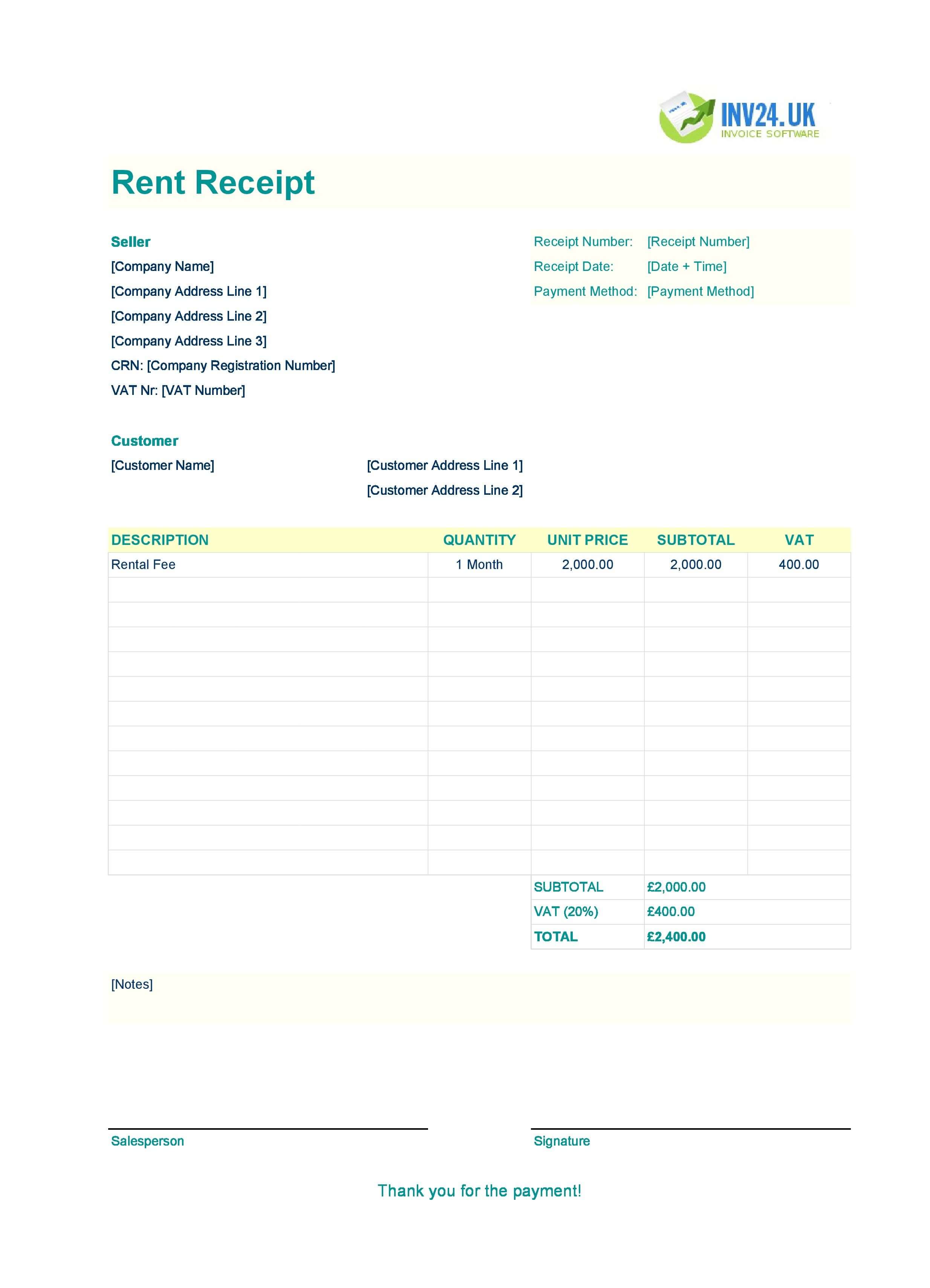 Printable Rent Receipt Template for UK (Excel / Google Sheets)