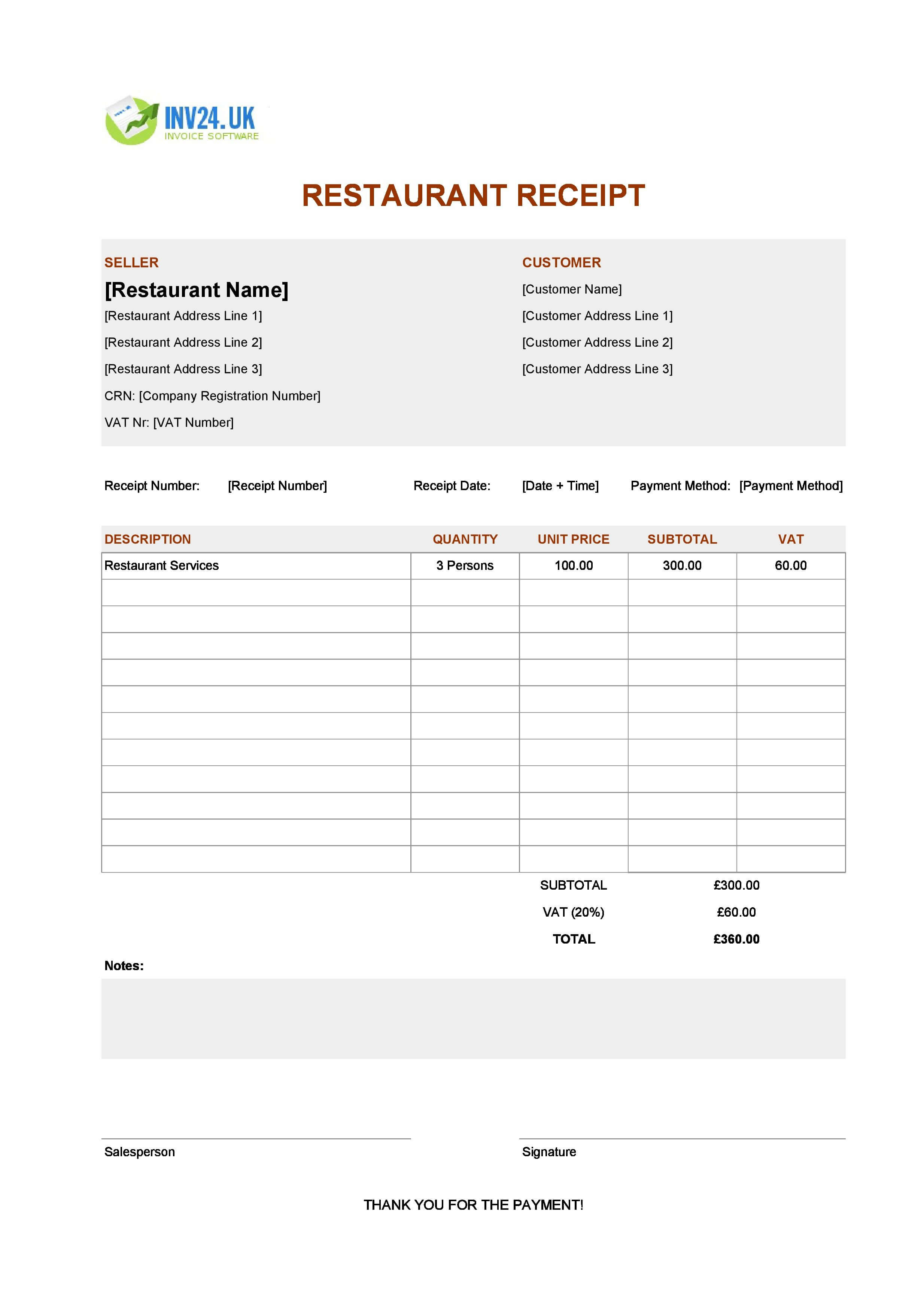 Printable Restaurant Receipt Template for UK (Excel / Google Sheets)