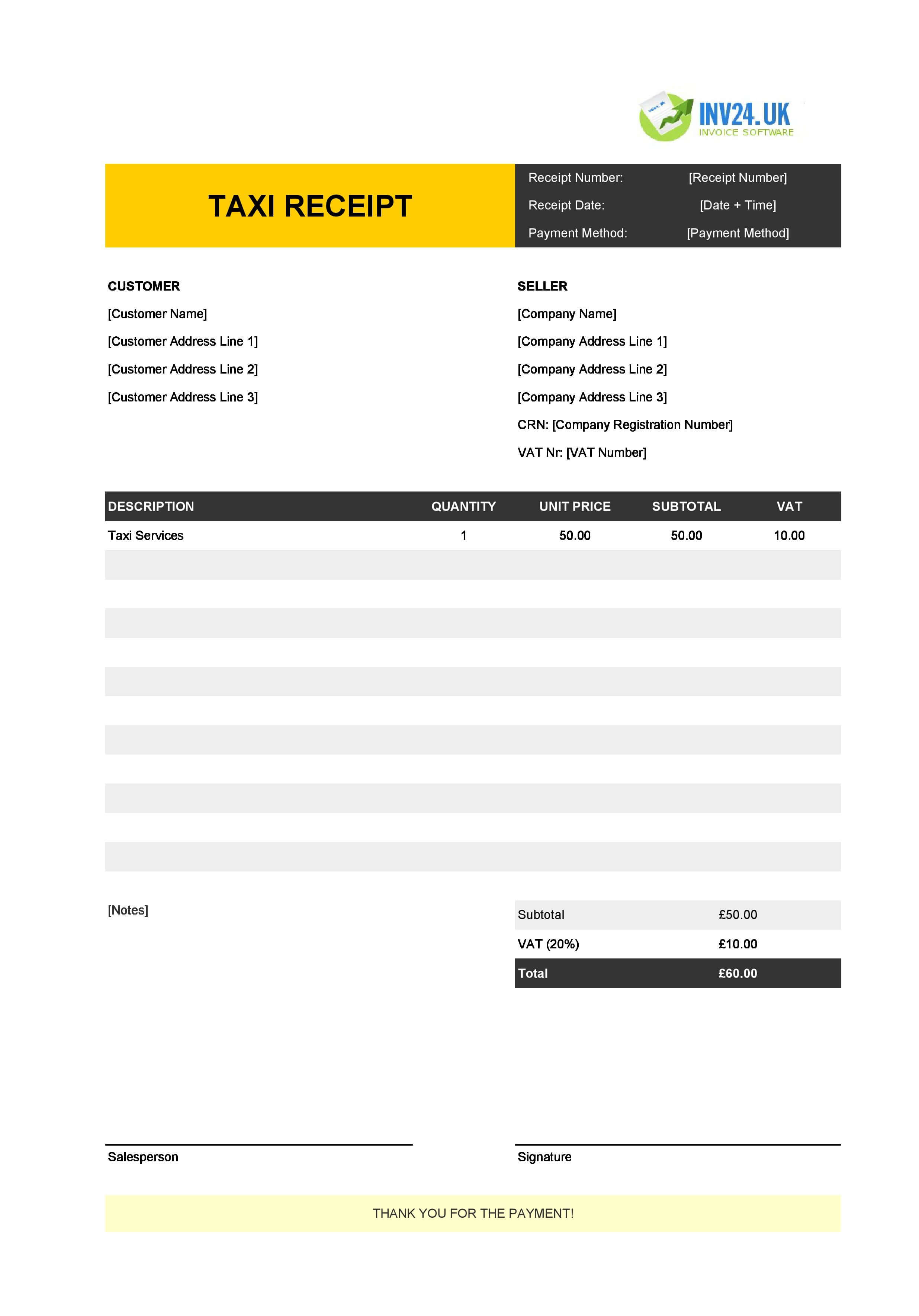 Printable Taxi Receipt Template for UK (Excel / Google Sheets)