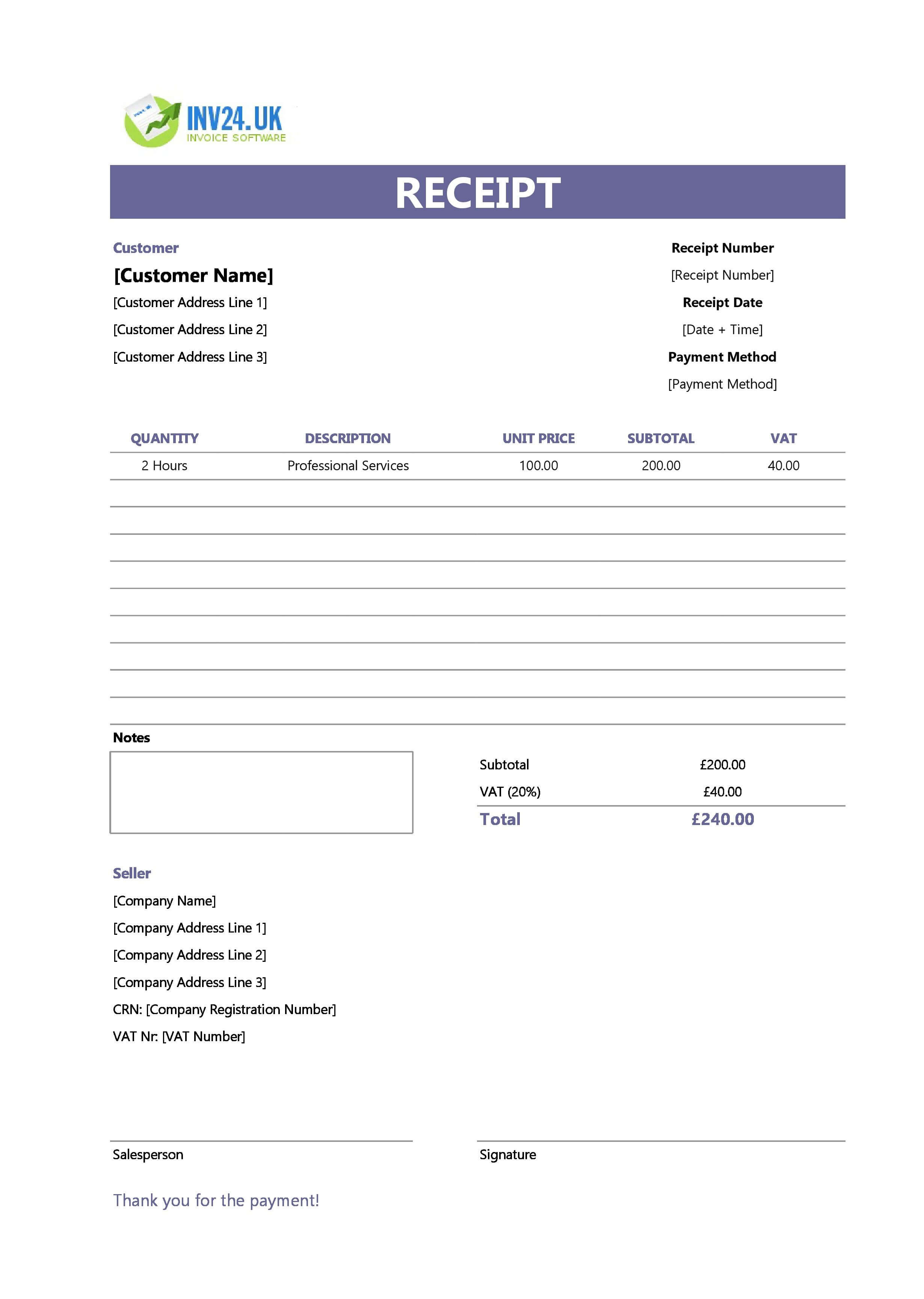 Professional Receipt Template for UK (Excel / Google Sheets)