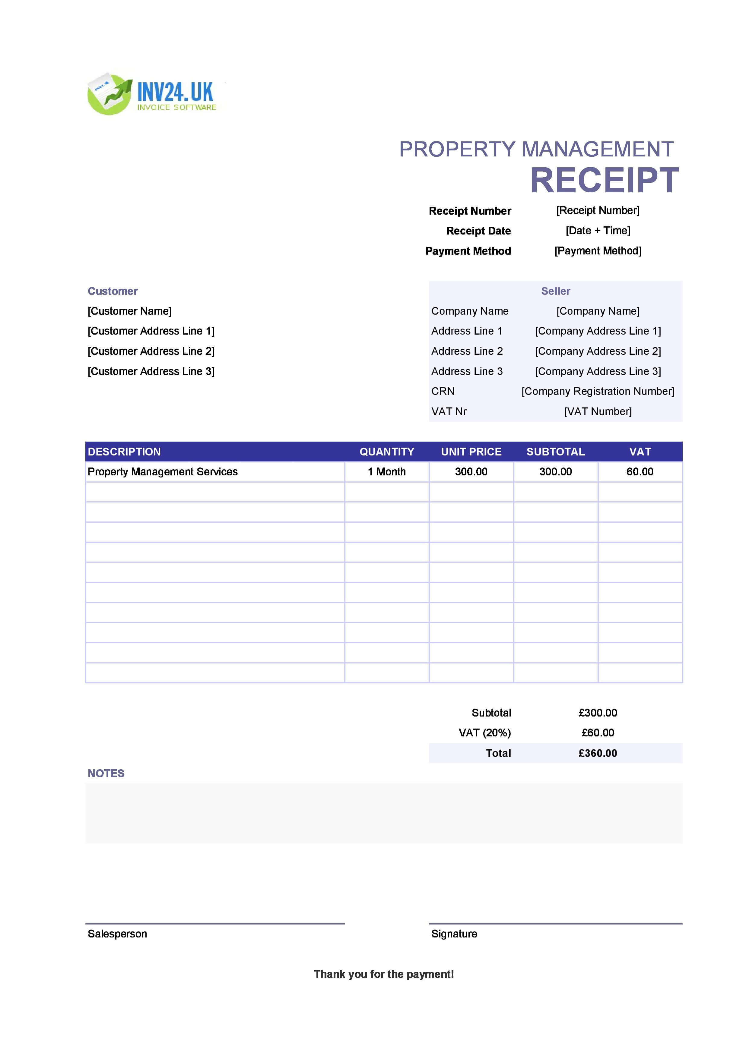 Property Management Receipt Template for UK (Excel / Google Sheets)