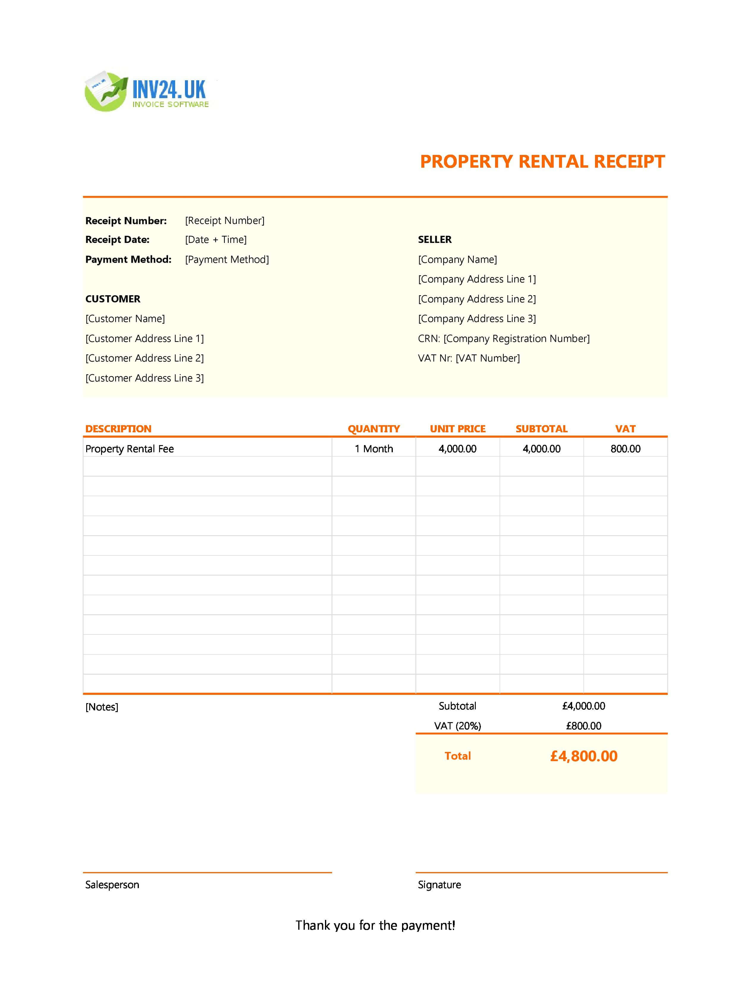 Property Rental Receipt Template for UK (Excel / Google Sheets)