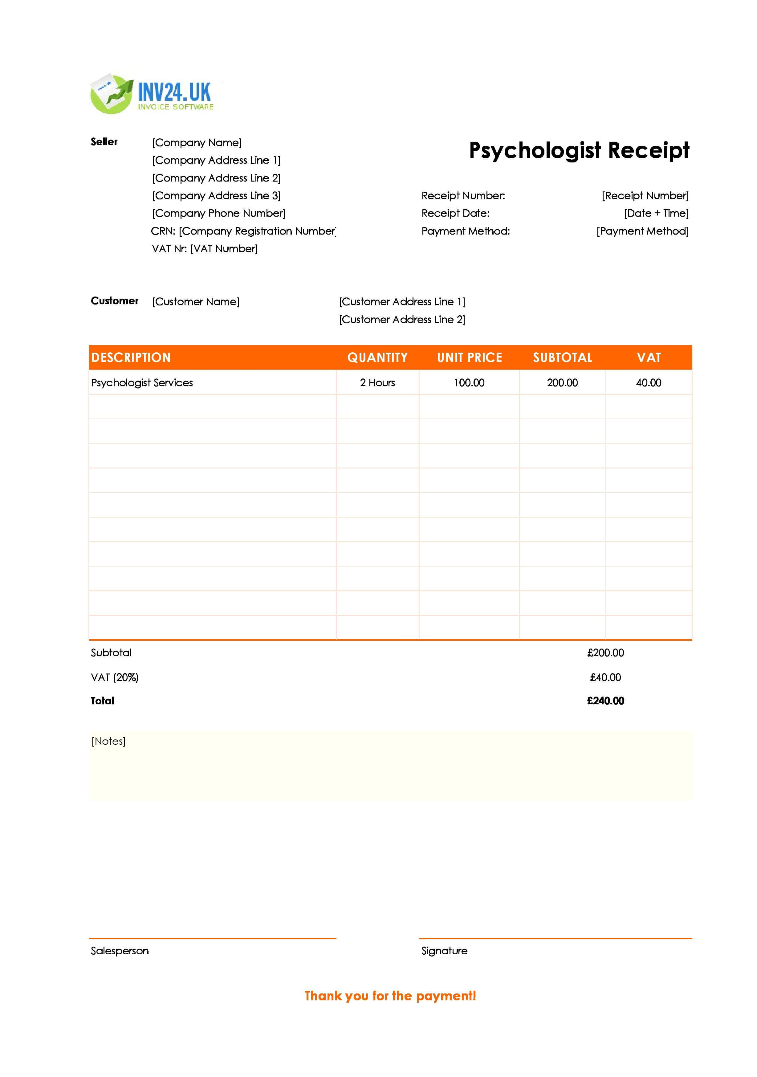 Psychologist Receipt Template for UK (Excel / Google Sheets)