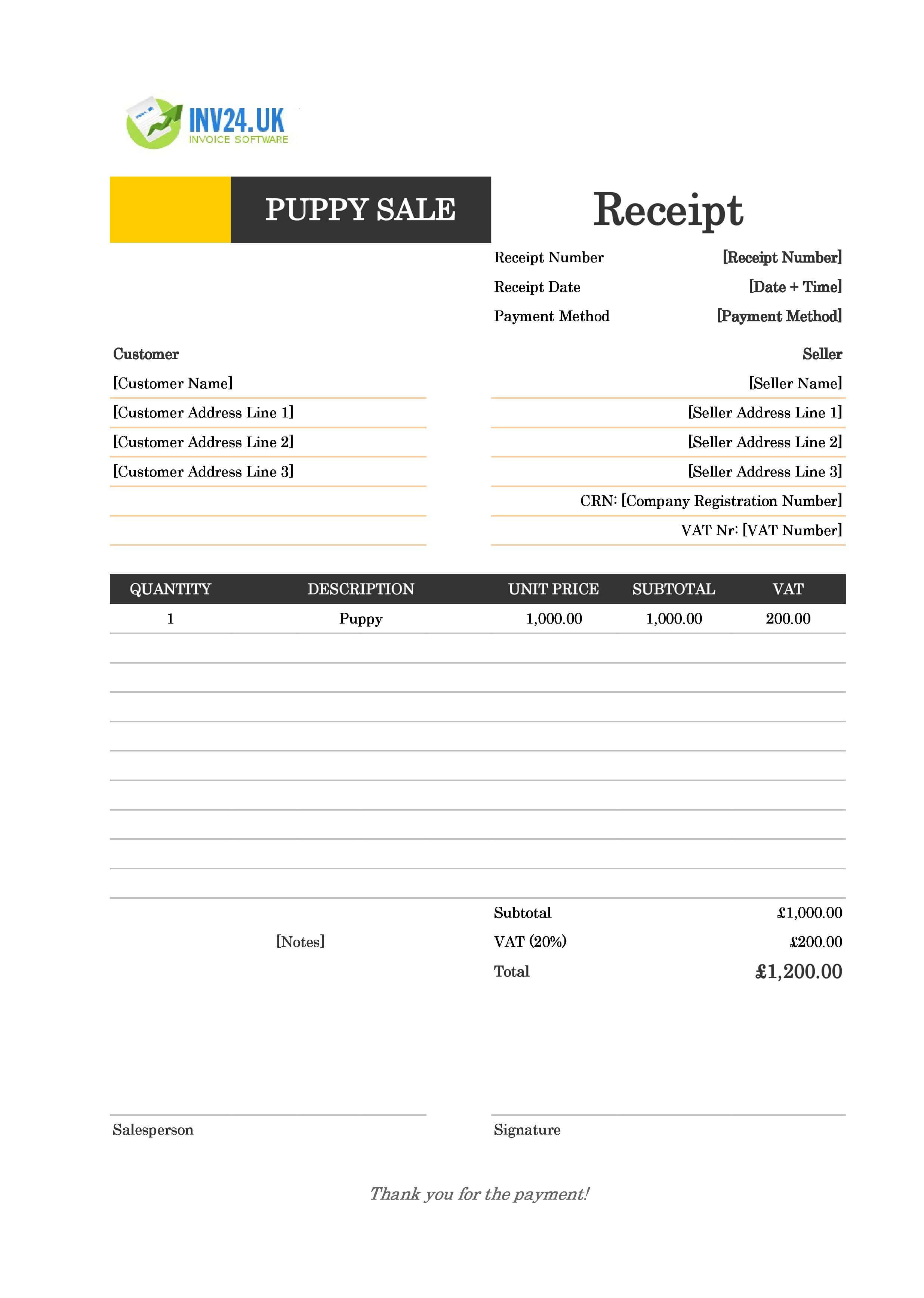 Puppy Sale Receipt Template for UK (Excel / Google Sheets)