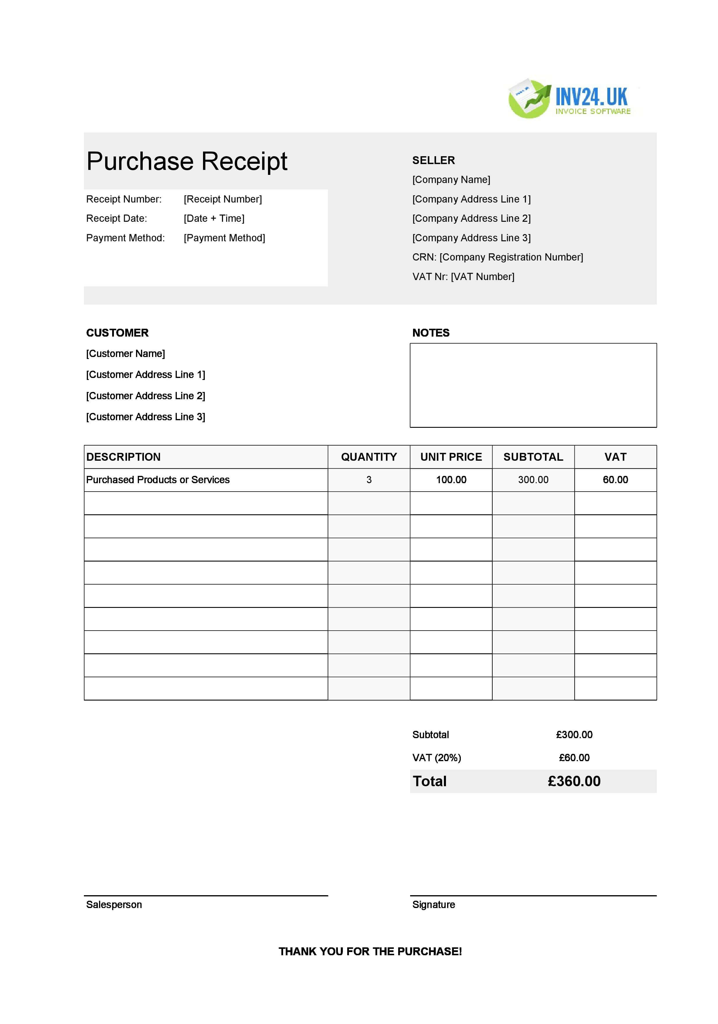 Purchase Receipt Template for UK (Excel / Google Sheets)