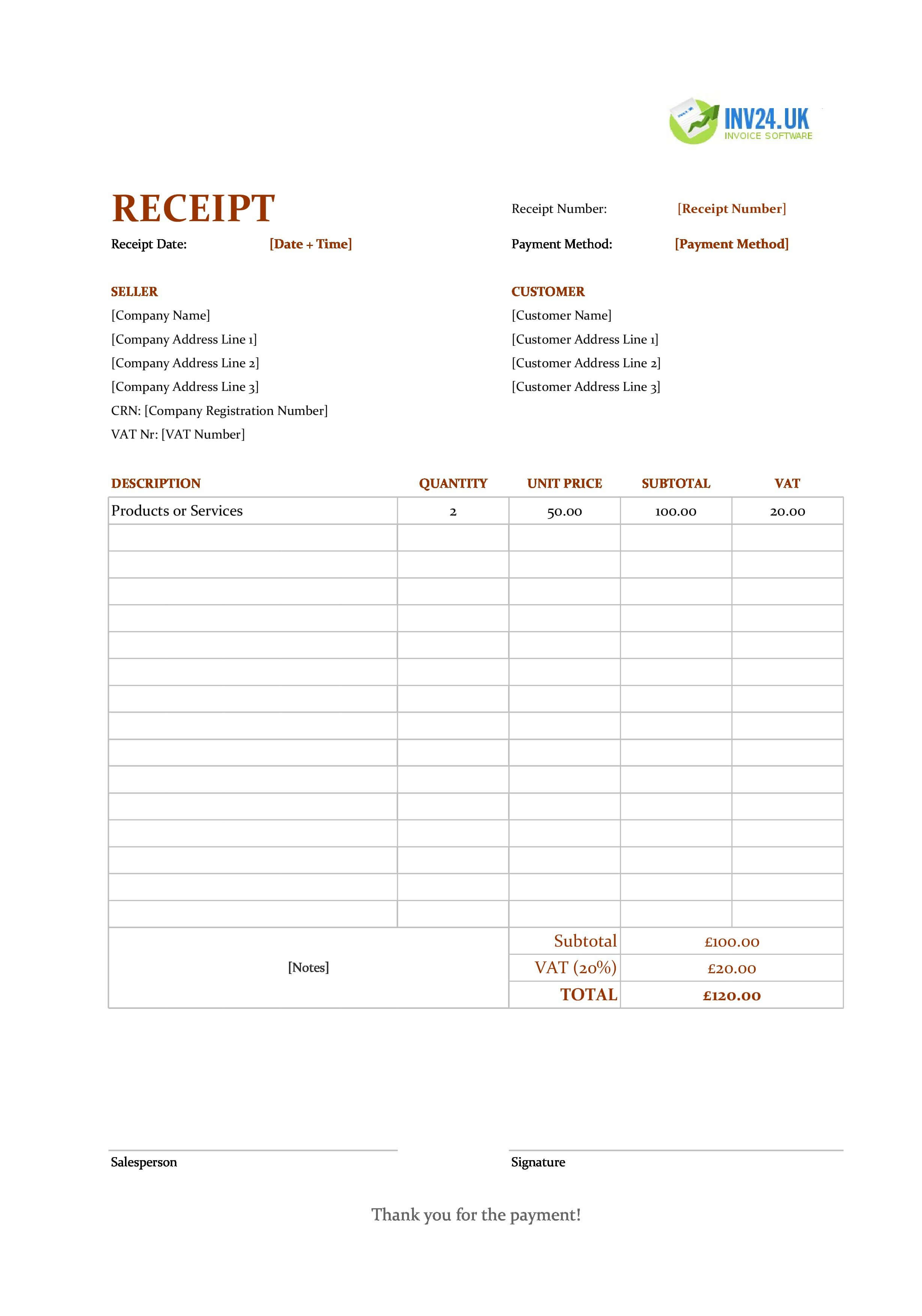 Receipt Example Template for UK (Excel / Google Sheets)