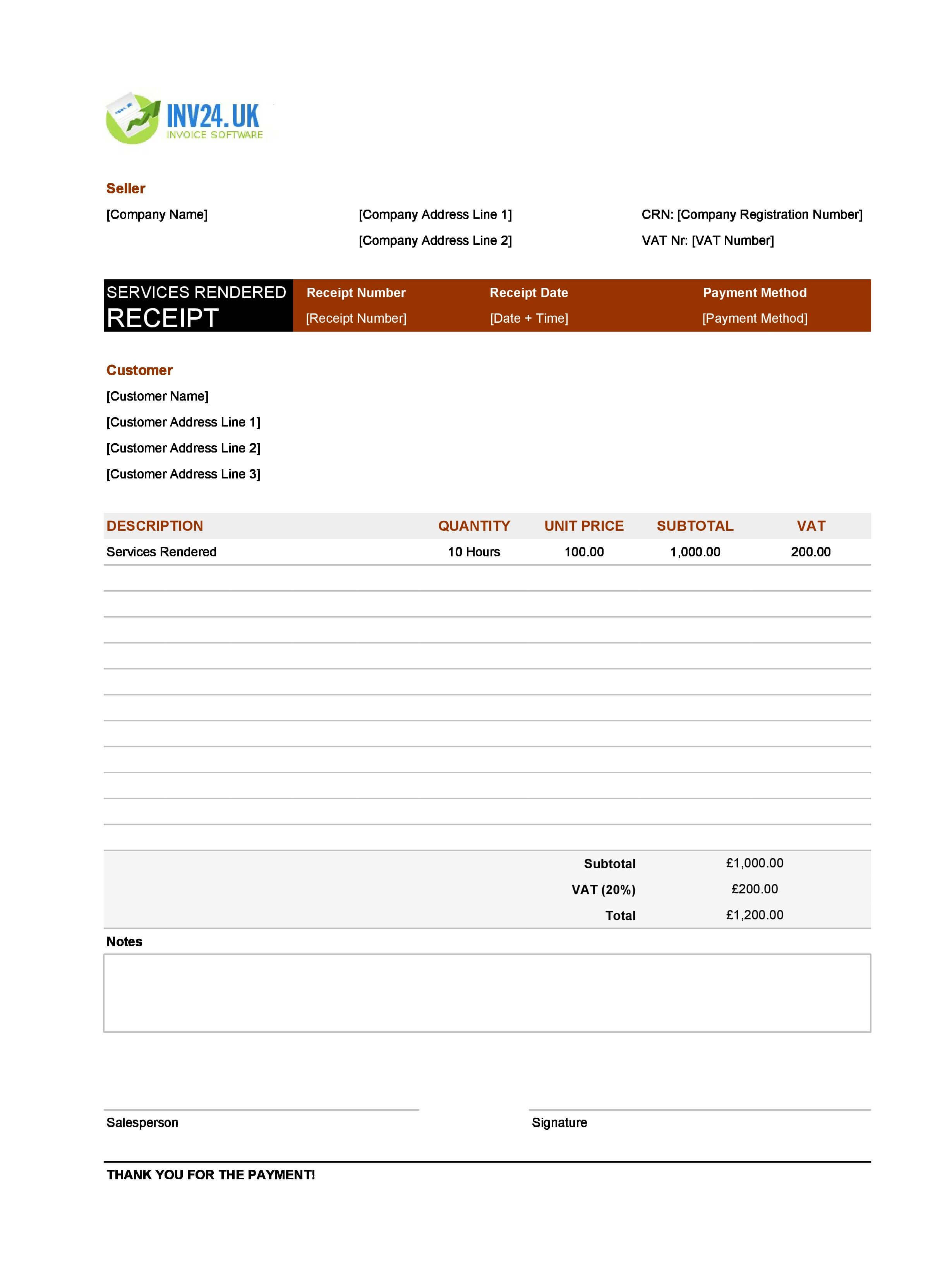 Receipt for Services Rendered Template for UK (Excel / Google Sheets)