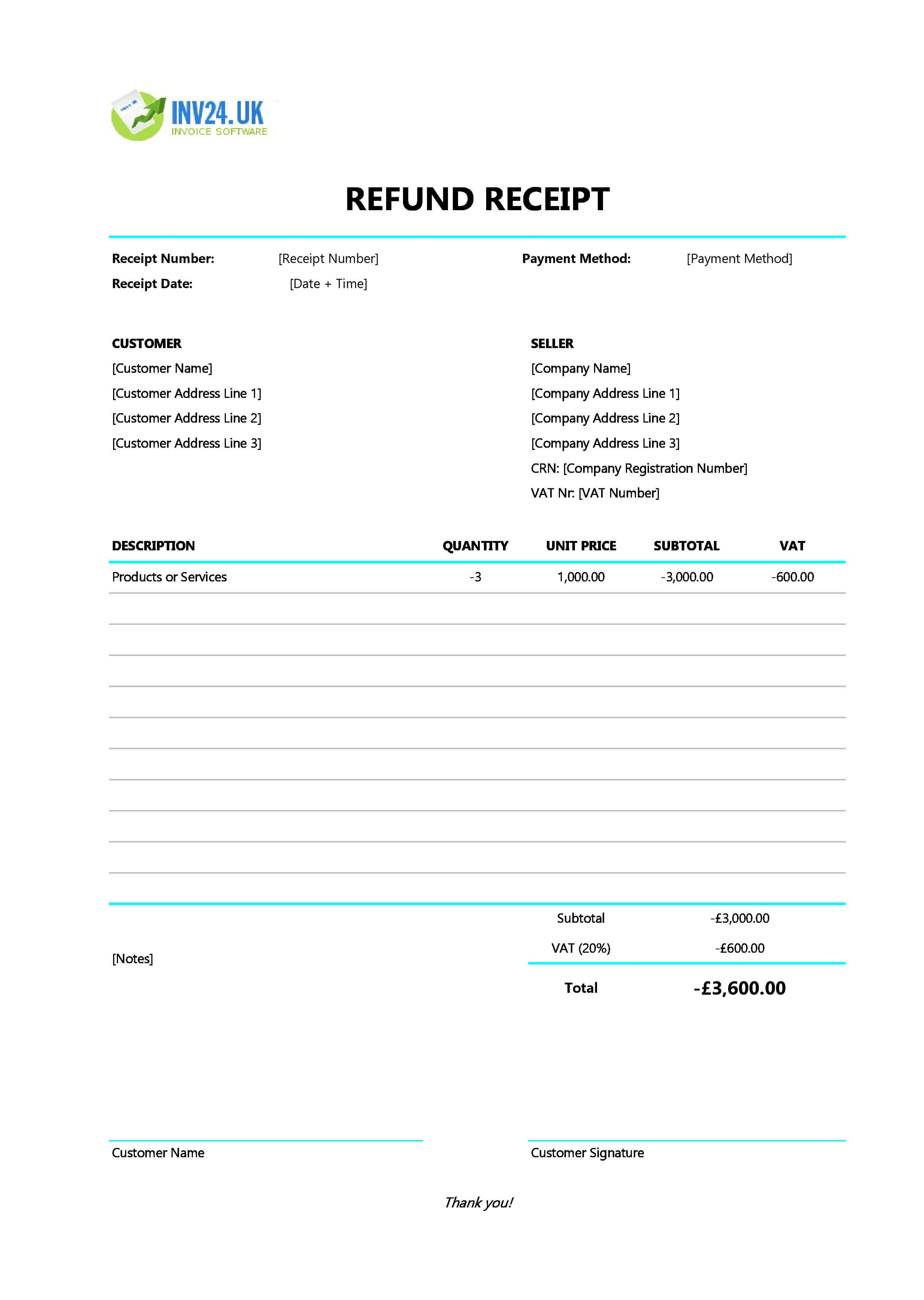 Refund Receipt Template for UK (Excel / Google Sheets)