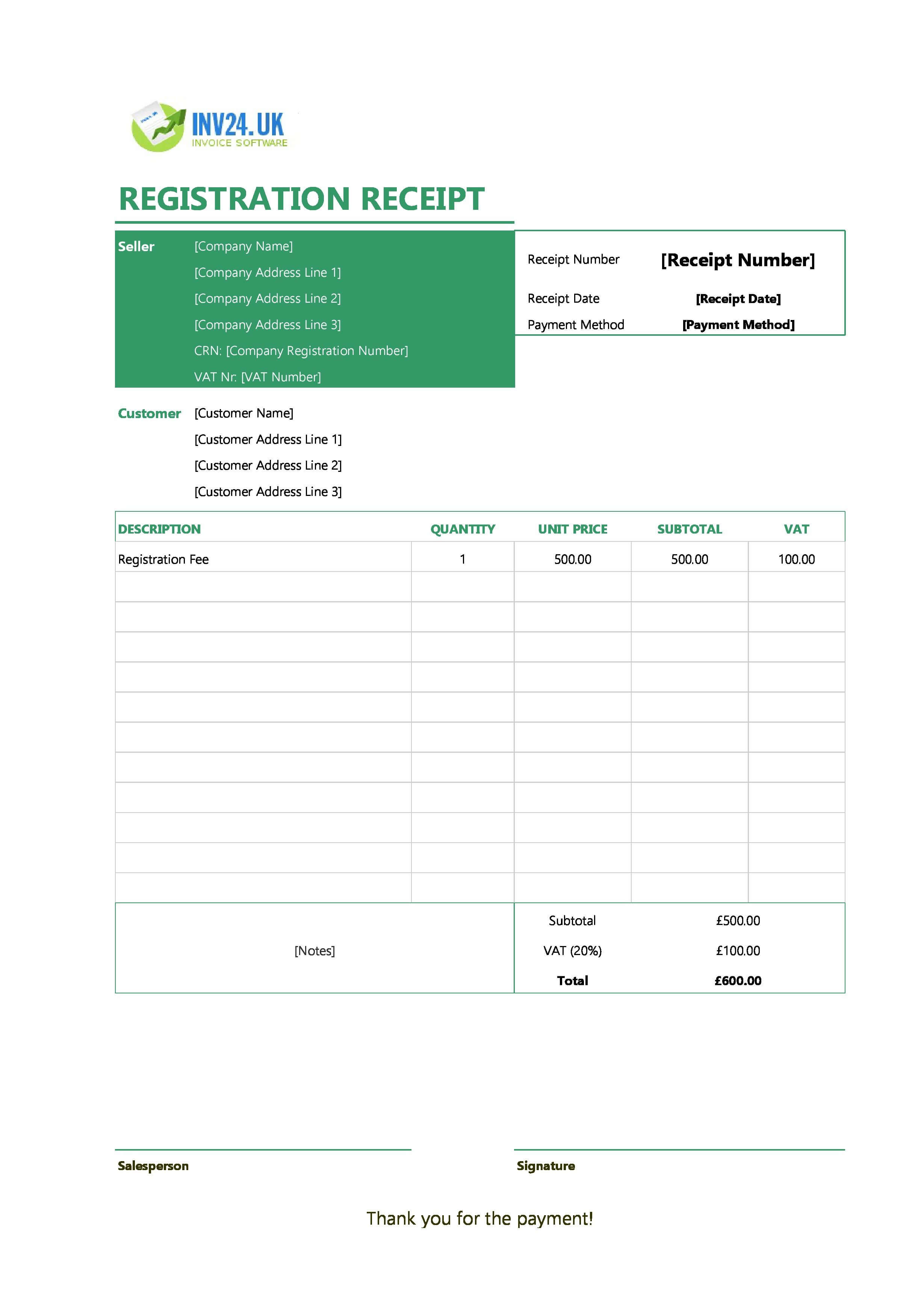 Registration Receipt Template for UK (Excel / Google Sheets)