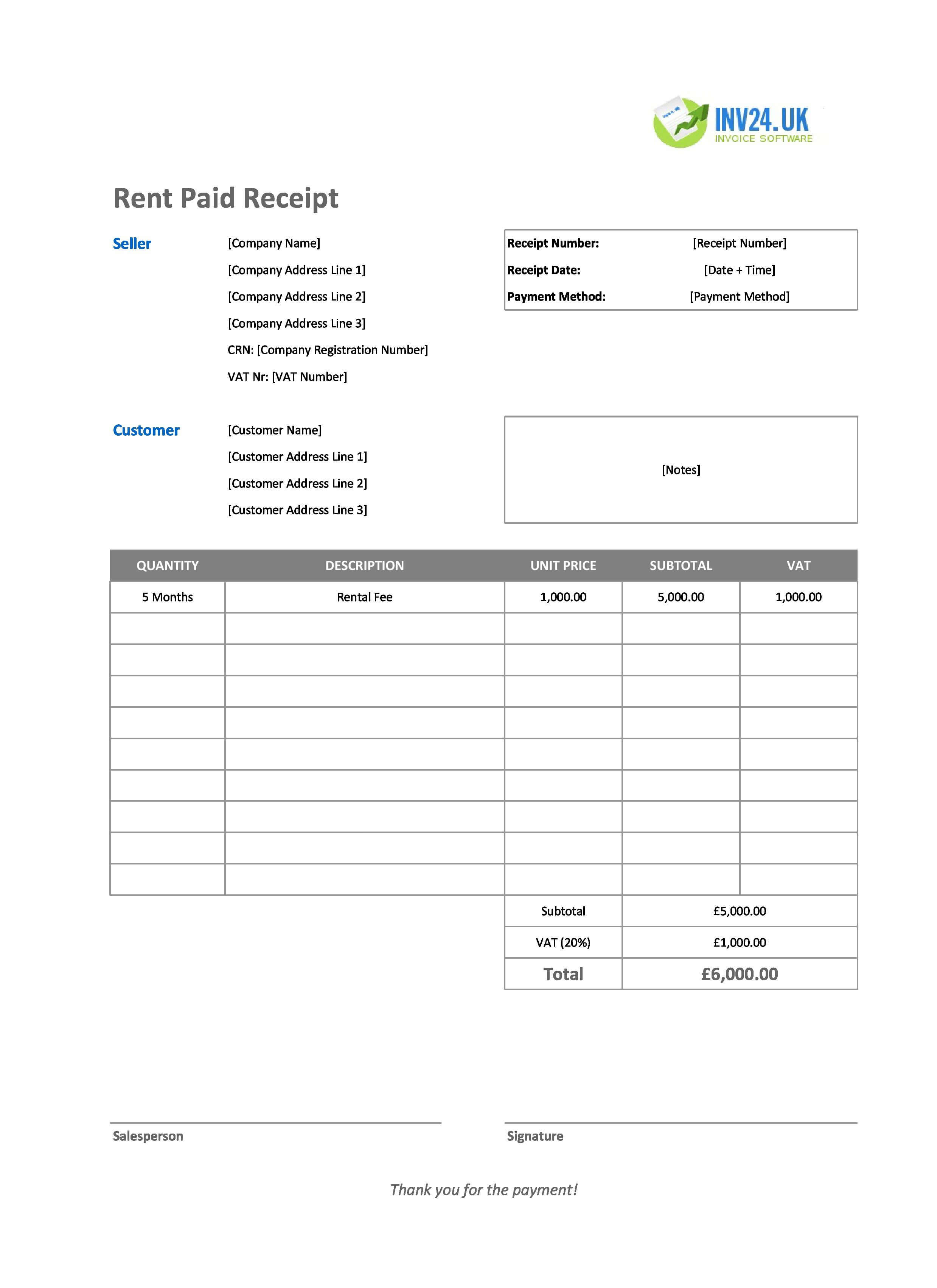 Rent Paid Receipt Template for UK (Excel / Google Sheets)