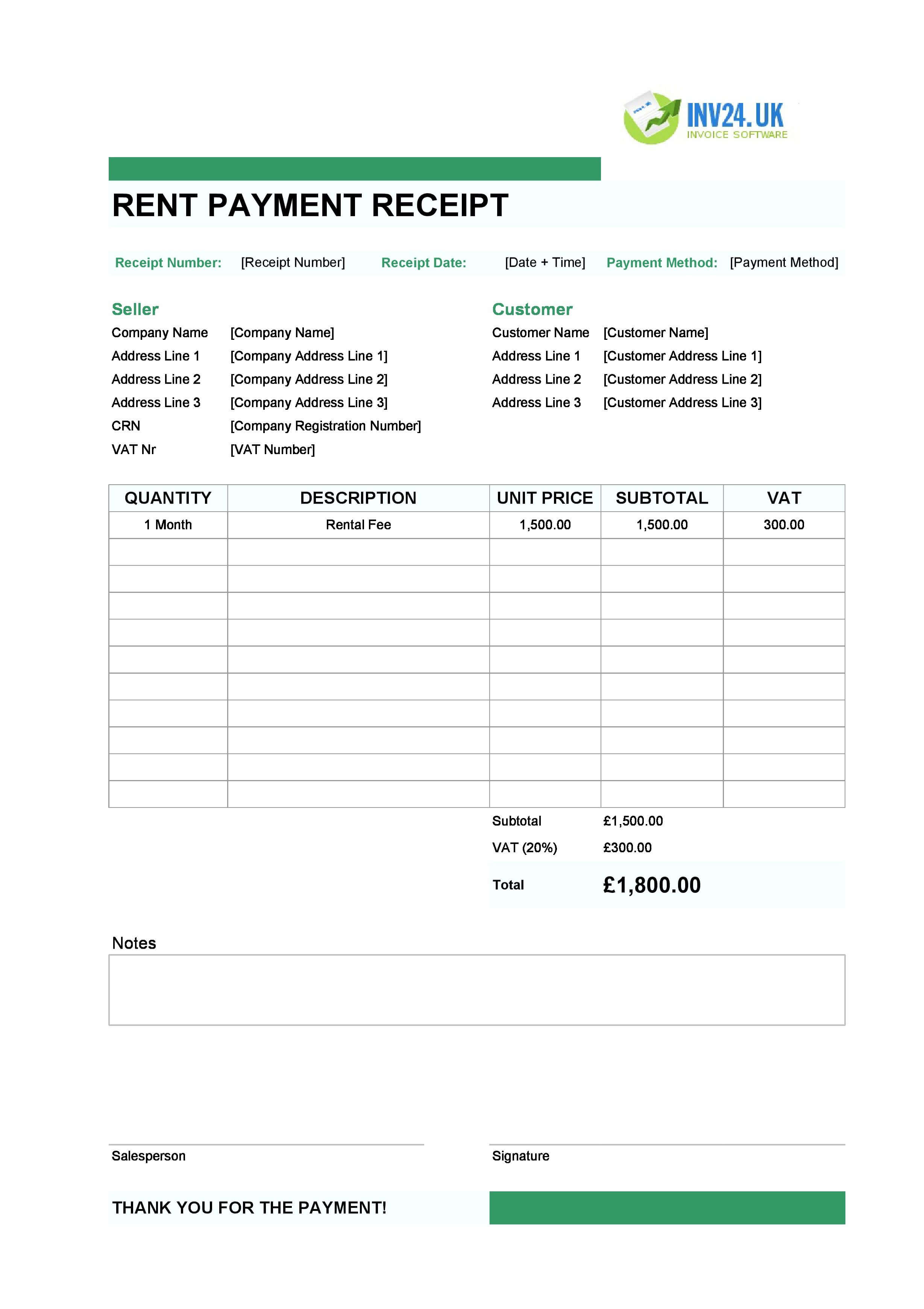 Rent Payment Receipt Template for UK (Excel / Google Sheets)