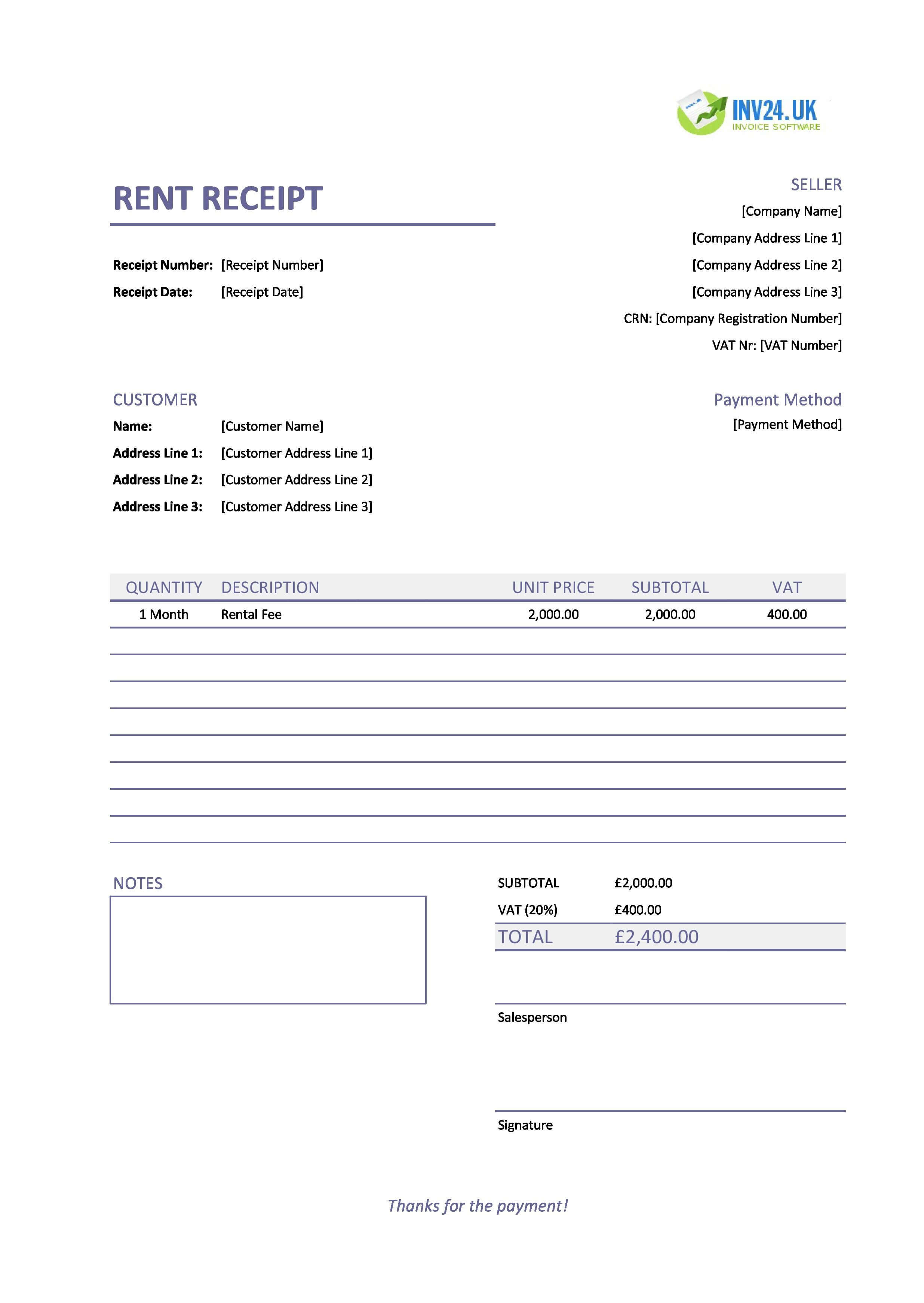Rent Receipt Template for UK (Excel / Google Sheets)