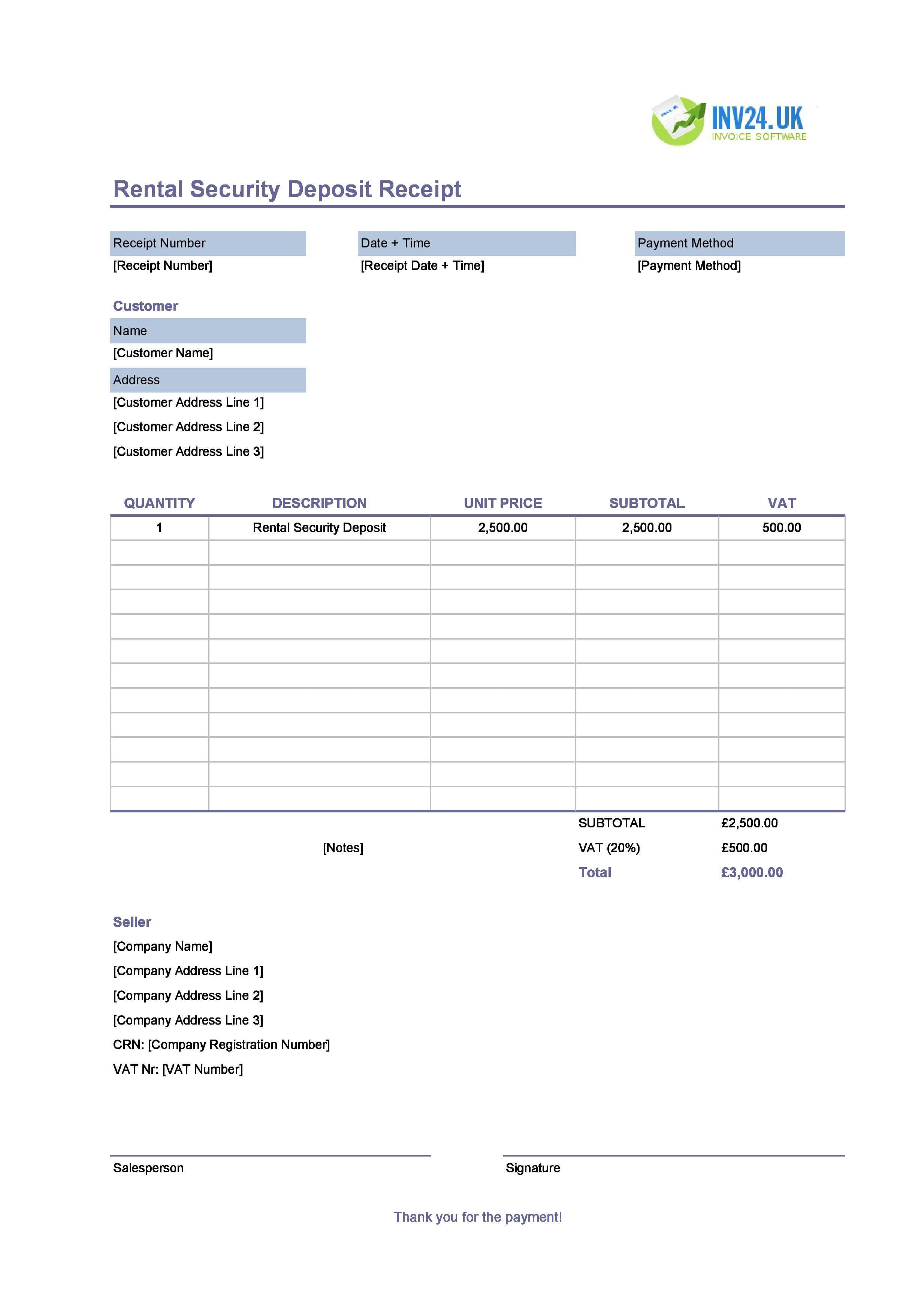 Rental Security Deposit Receipt Template for UK (Excel / Google Sheets)