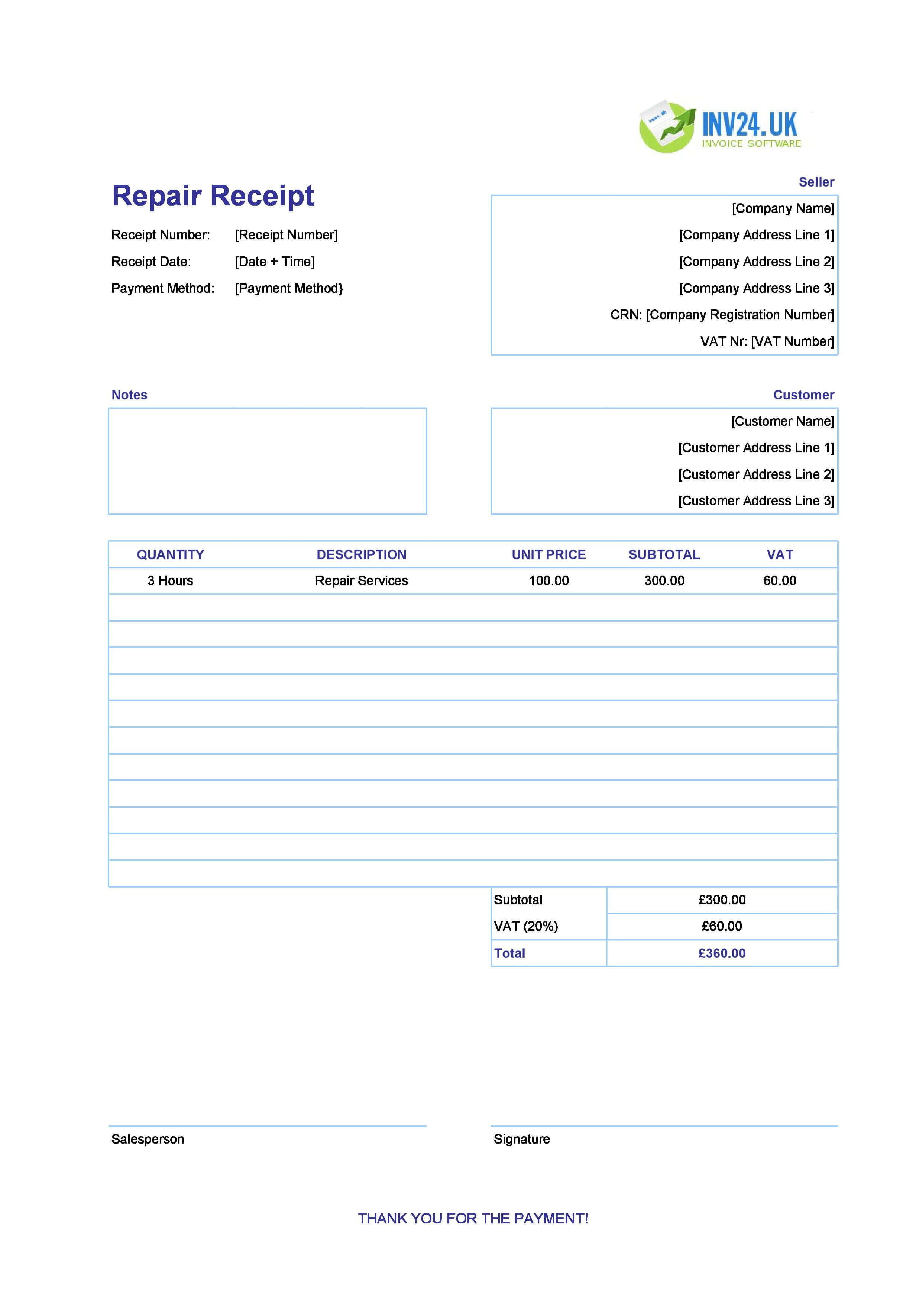 Repair Receipt Template for UK (Excel / Google Sheets)