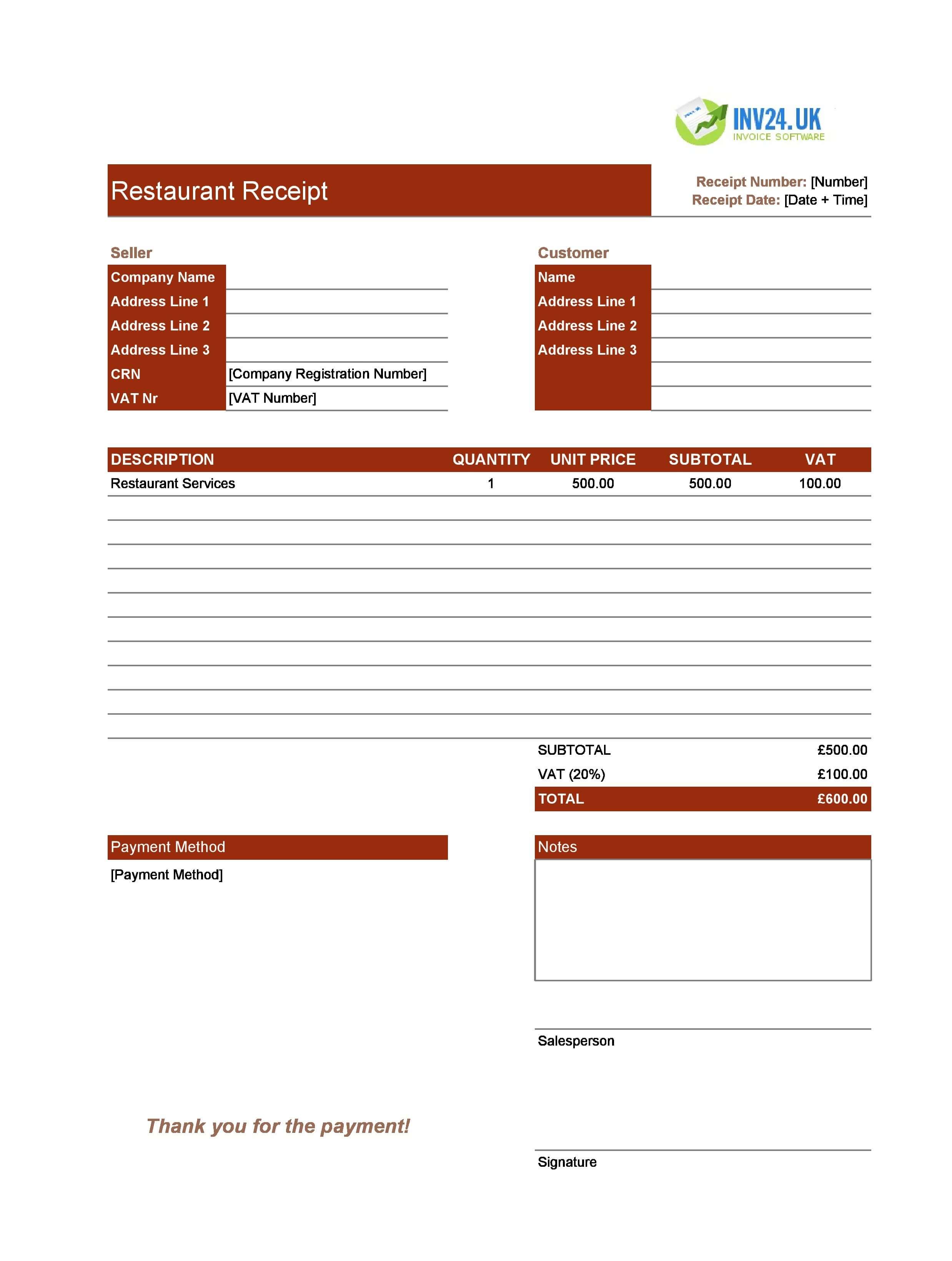 Restaurant Receipt Template for UK (Excel / Google Sheets)