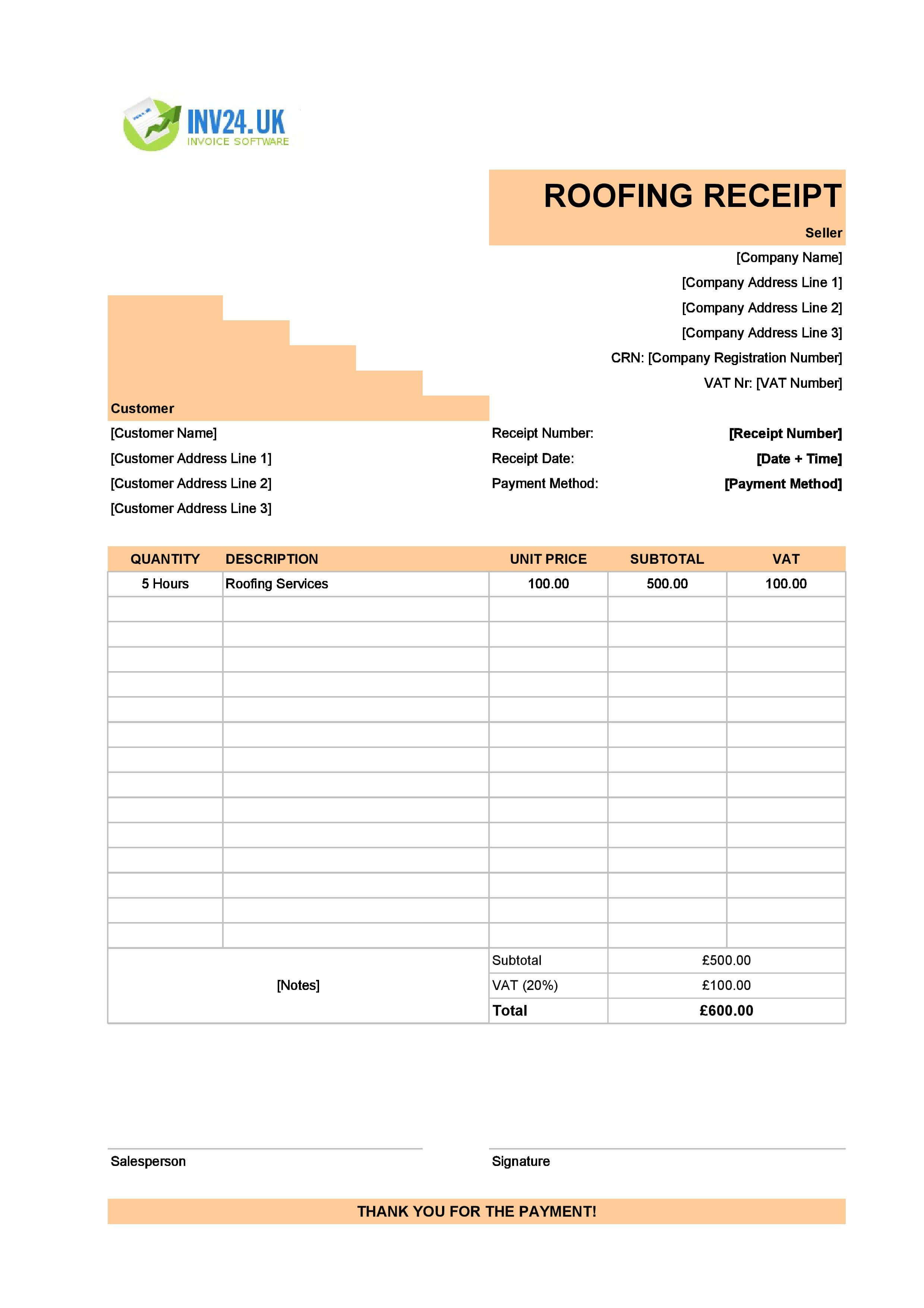 Roofing Receipt Template for UK (Excel / Google Sheets)