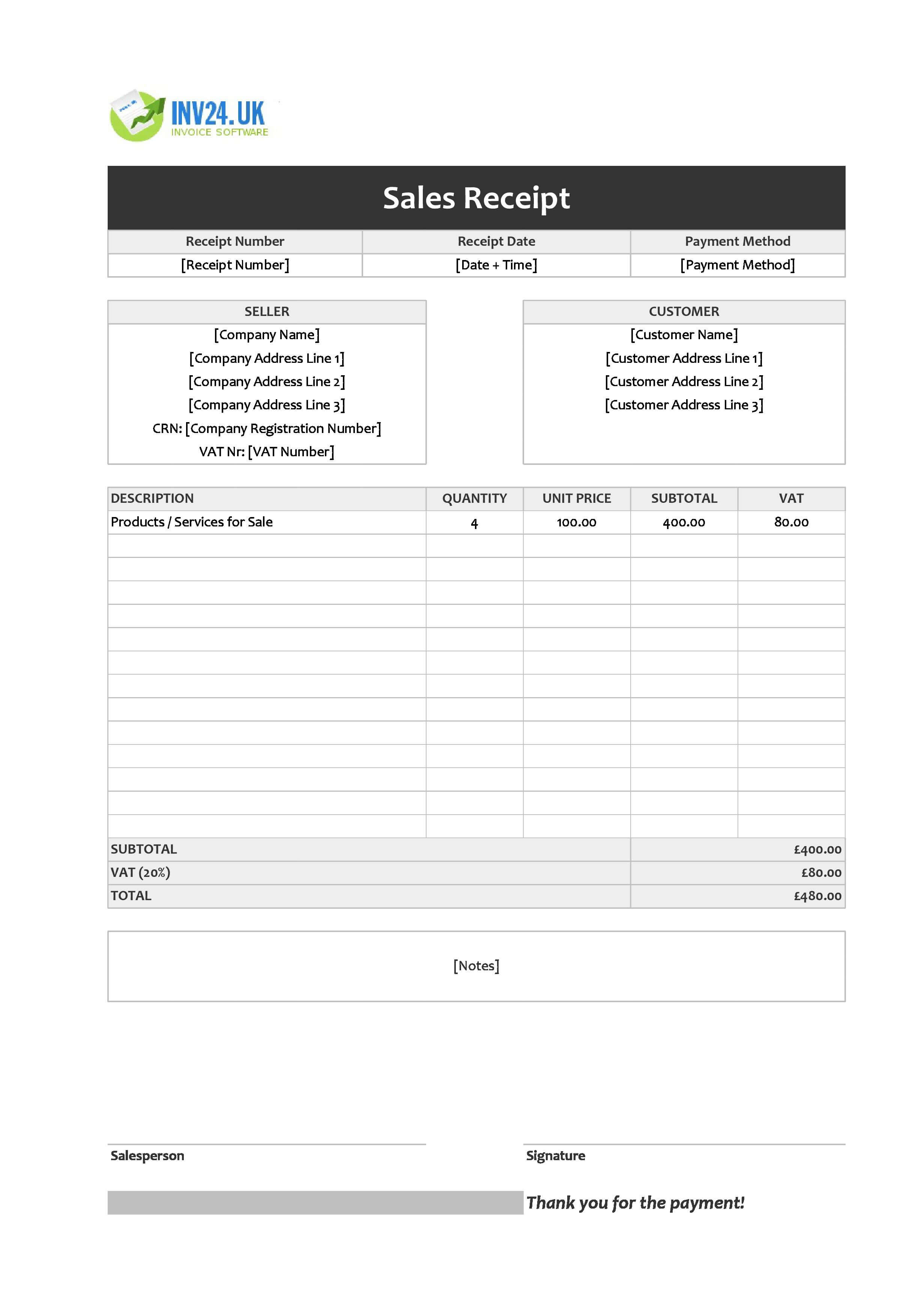 Sales Receipt Template for UK (Excel / Google Sheets)
