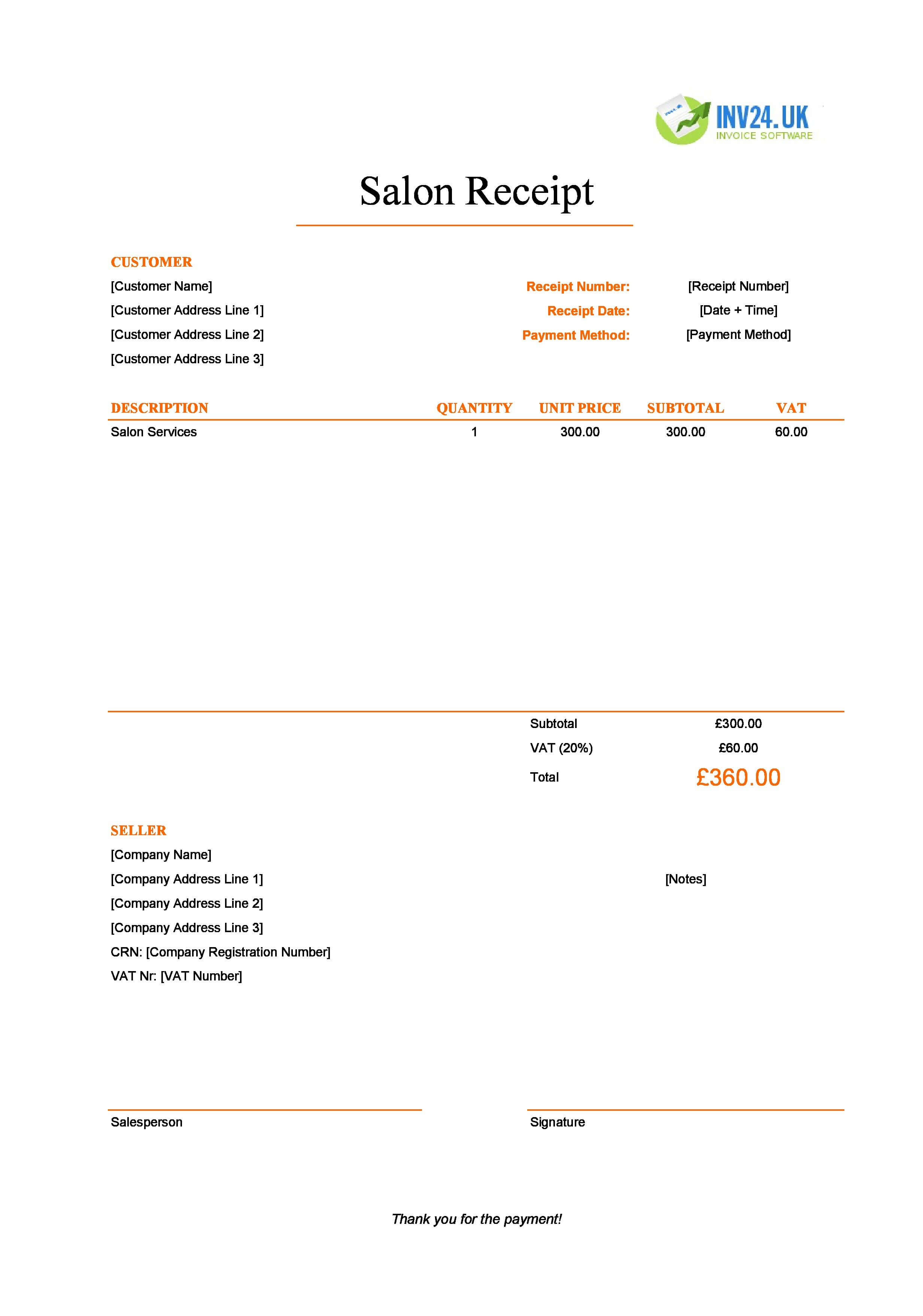Salon Receipt Template for UK (Excel / Google Sheets)