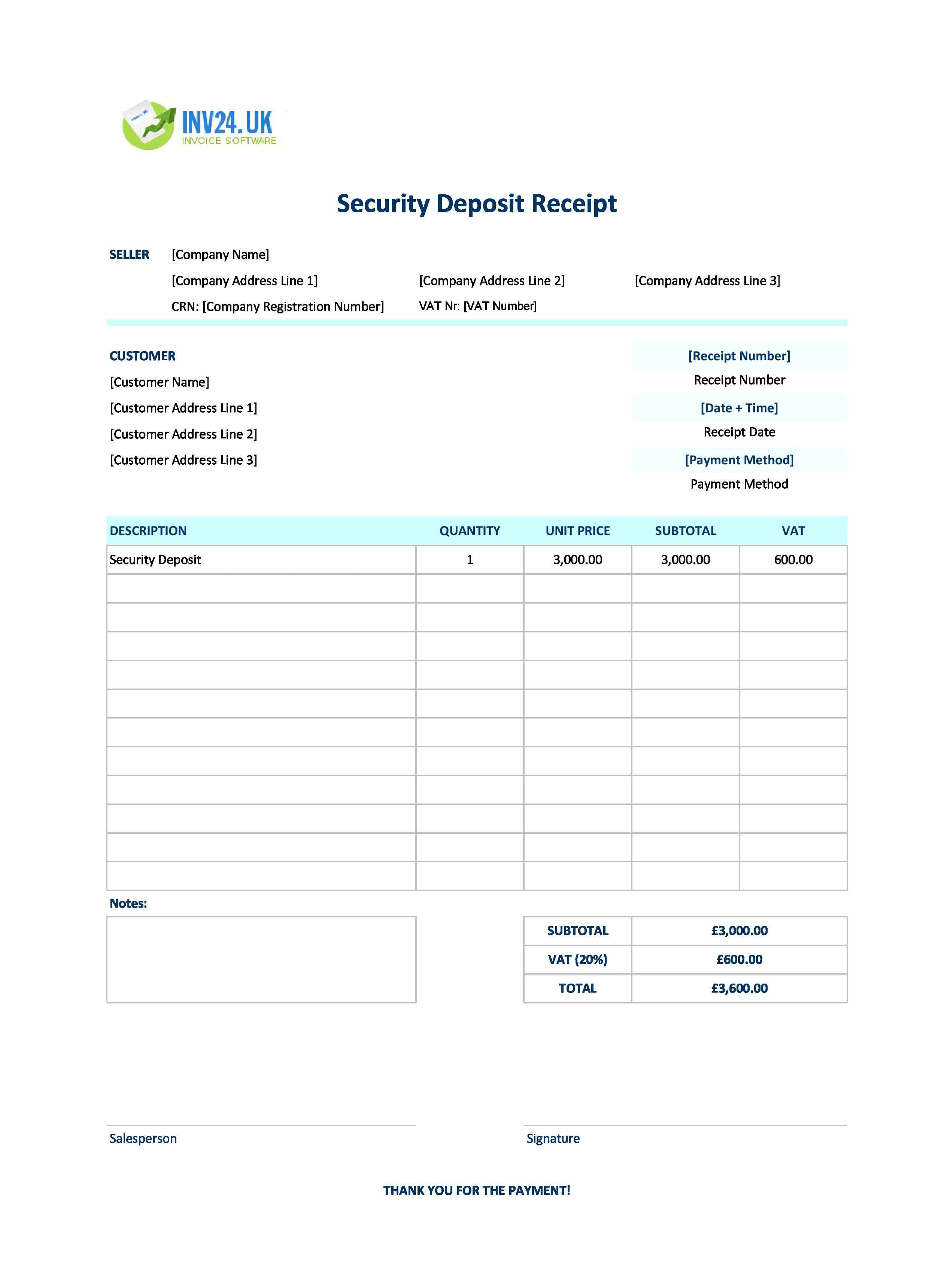 Security Deposit Receipt Template for UK (Excel / Google Sheets)