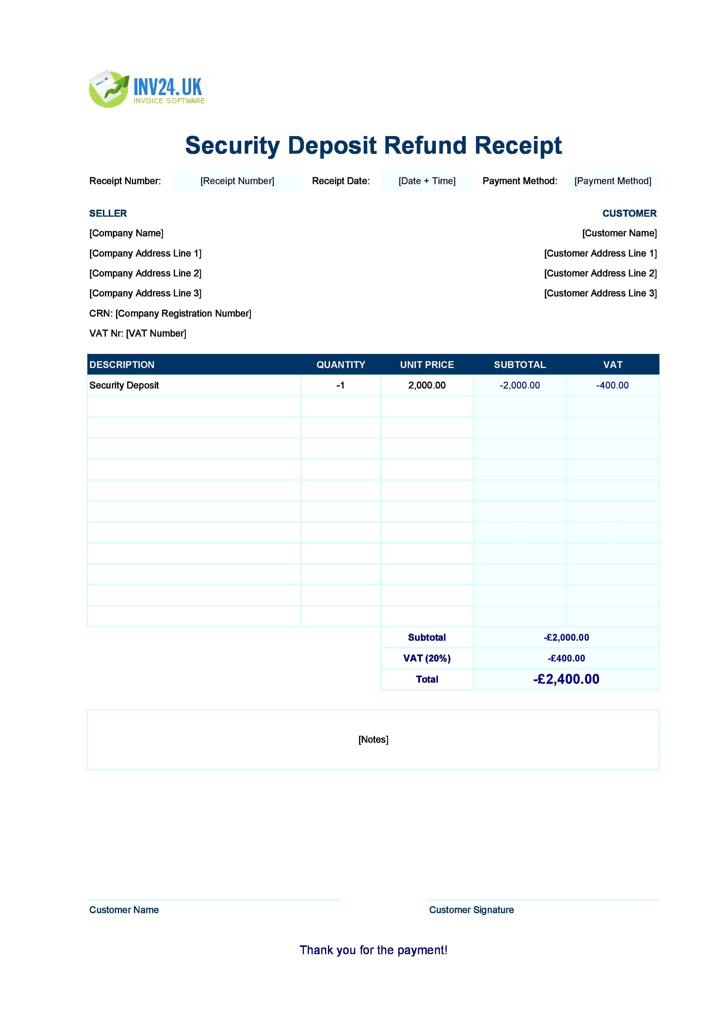 Security Deposit Refund Receipt Template for UK (Excel / Google Sheets)