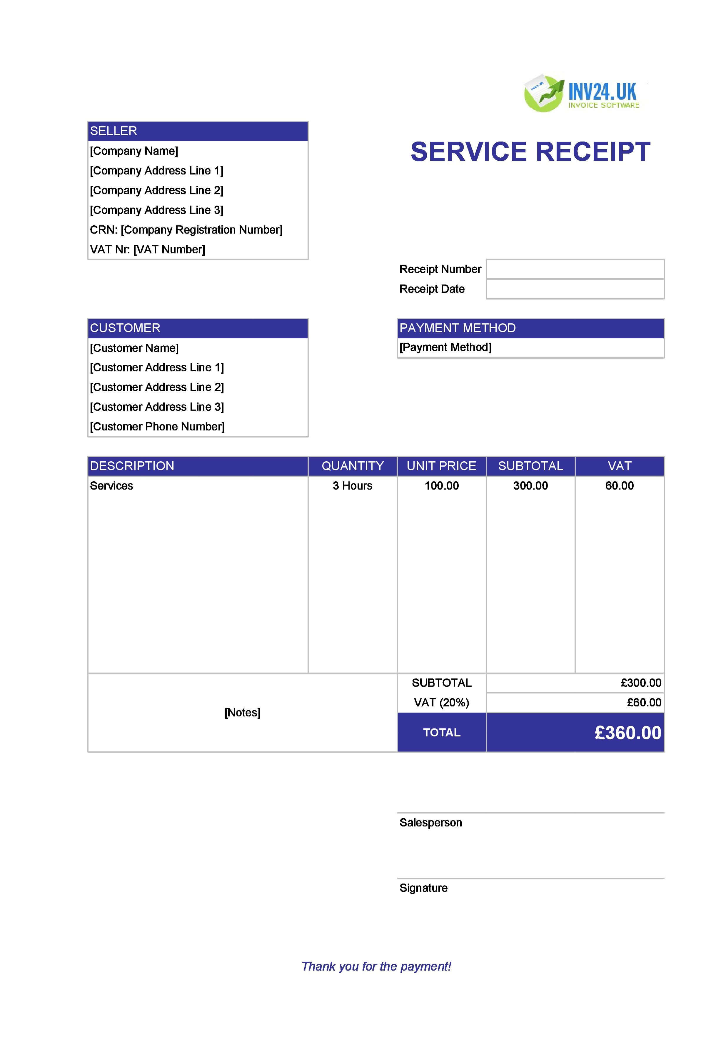 Service Receipt Template for UK (Excel / Google Sheets)