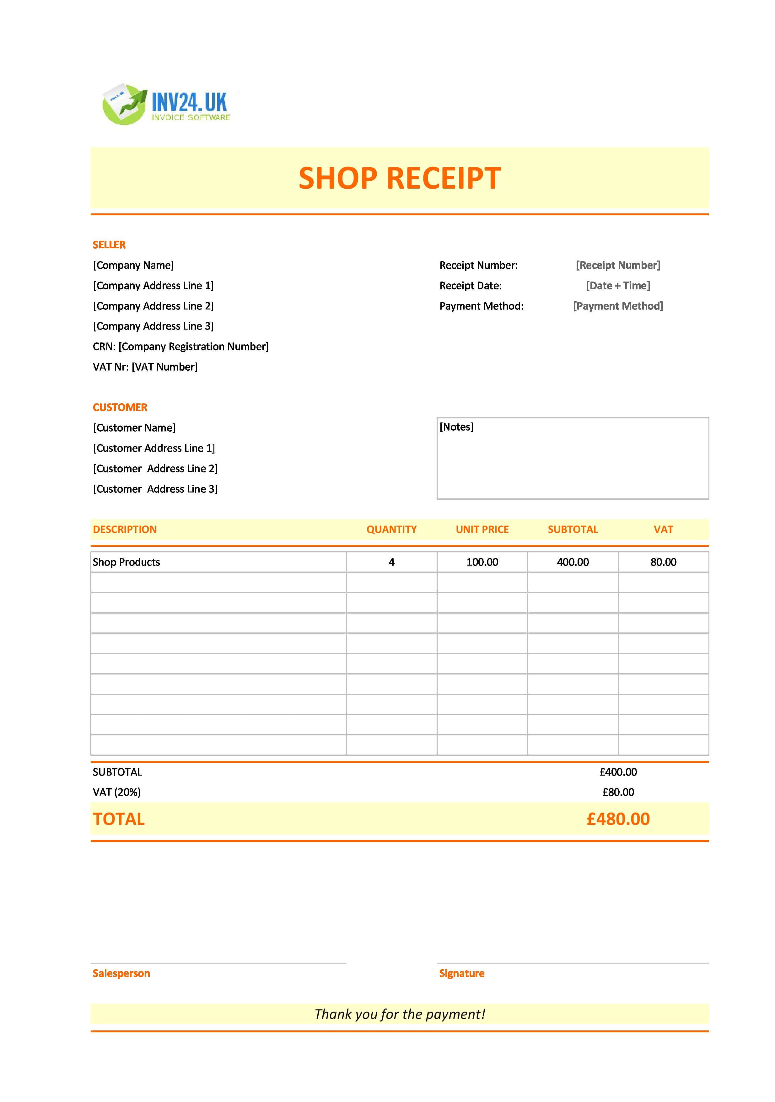 Shop Receipt Template for UK (Excel / Google Sheets)