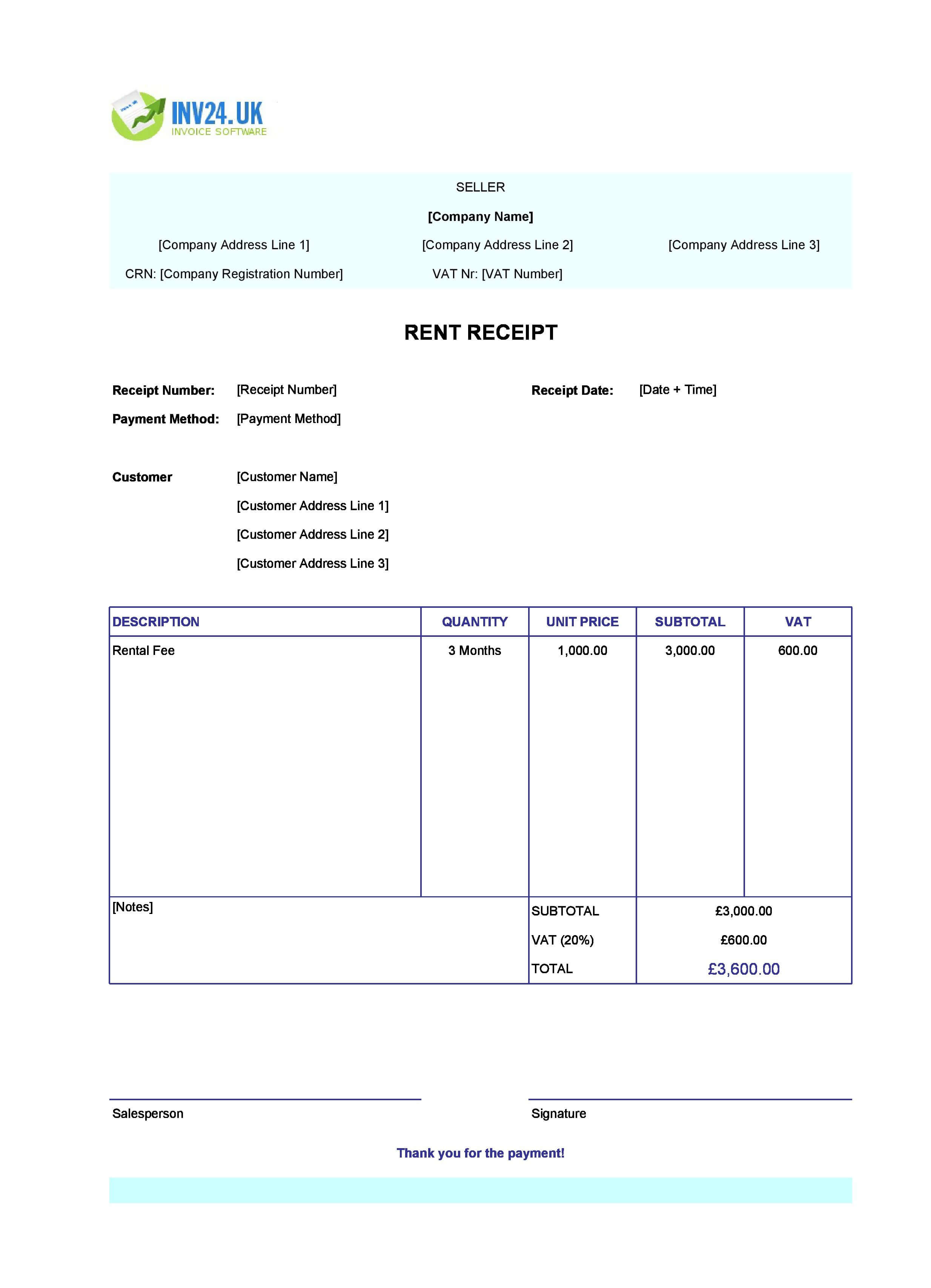 Simple Rent Receipt Template for UK (Excel / Google Sheets)