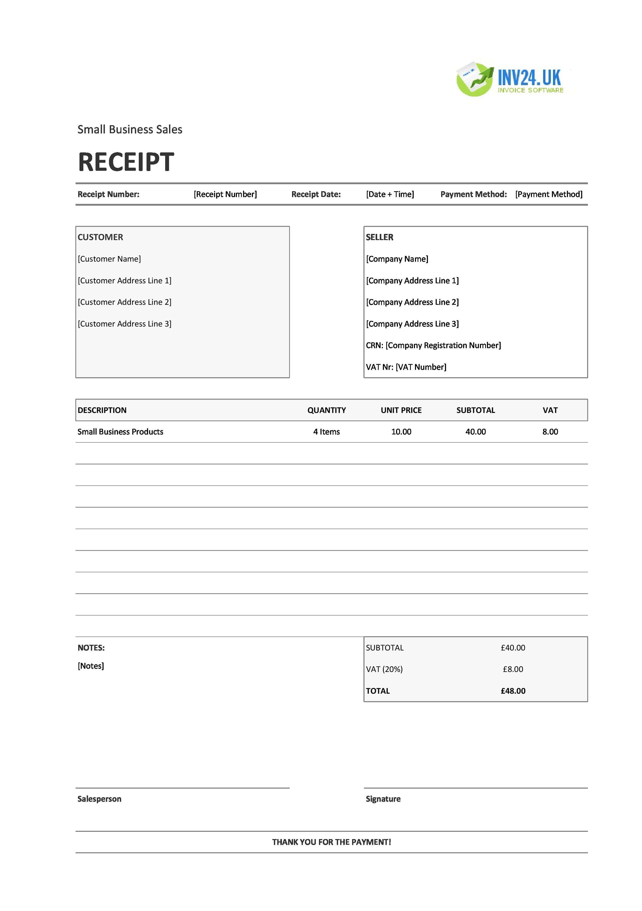 Small Business Sales Receipt Template for UK (Excel / Google Sheets)