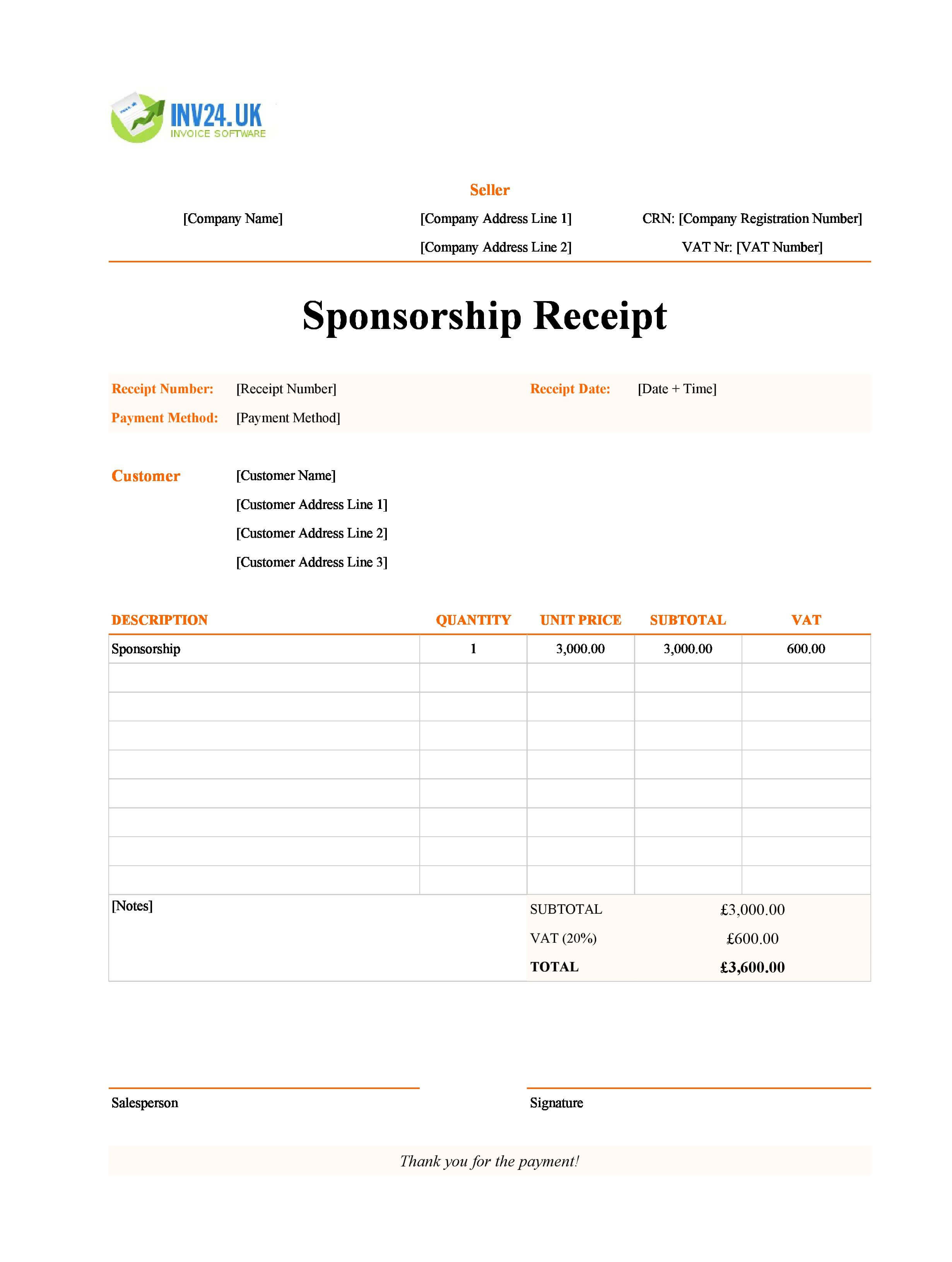 Sponsorship Receipt Template for UK (Excel / Google Sheets)