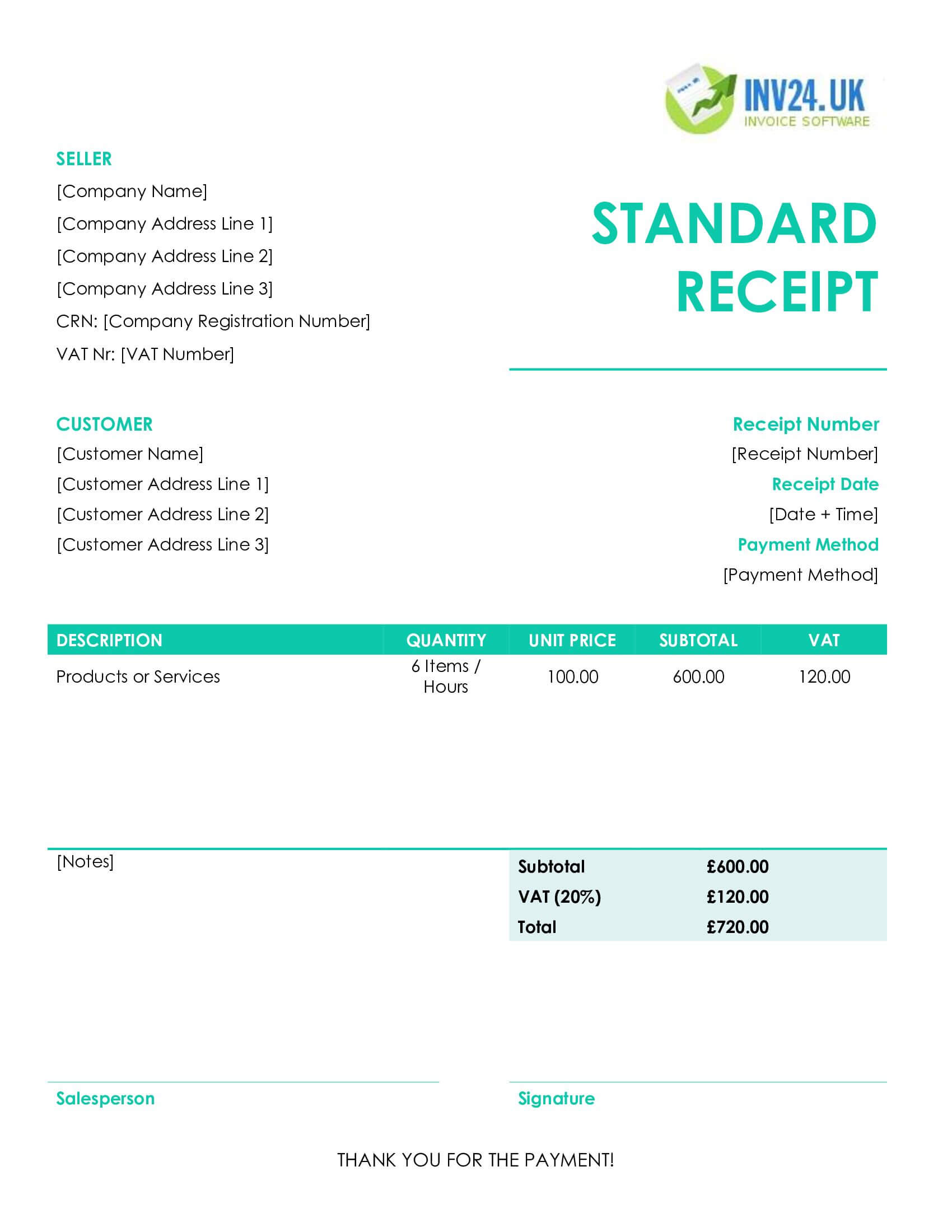 Standard Receipt Template for UK (Word / Google Docs)