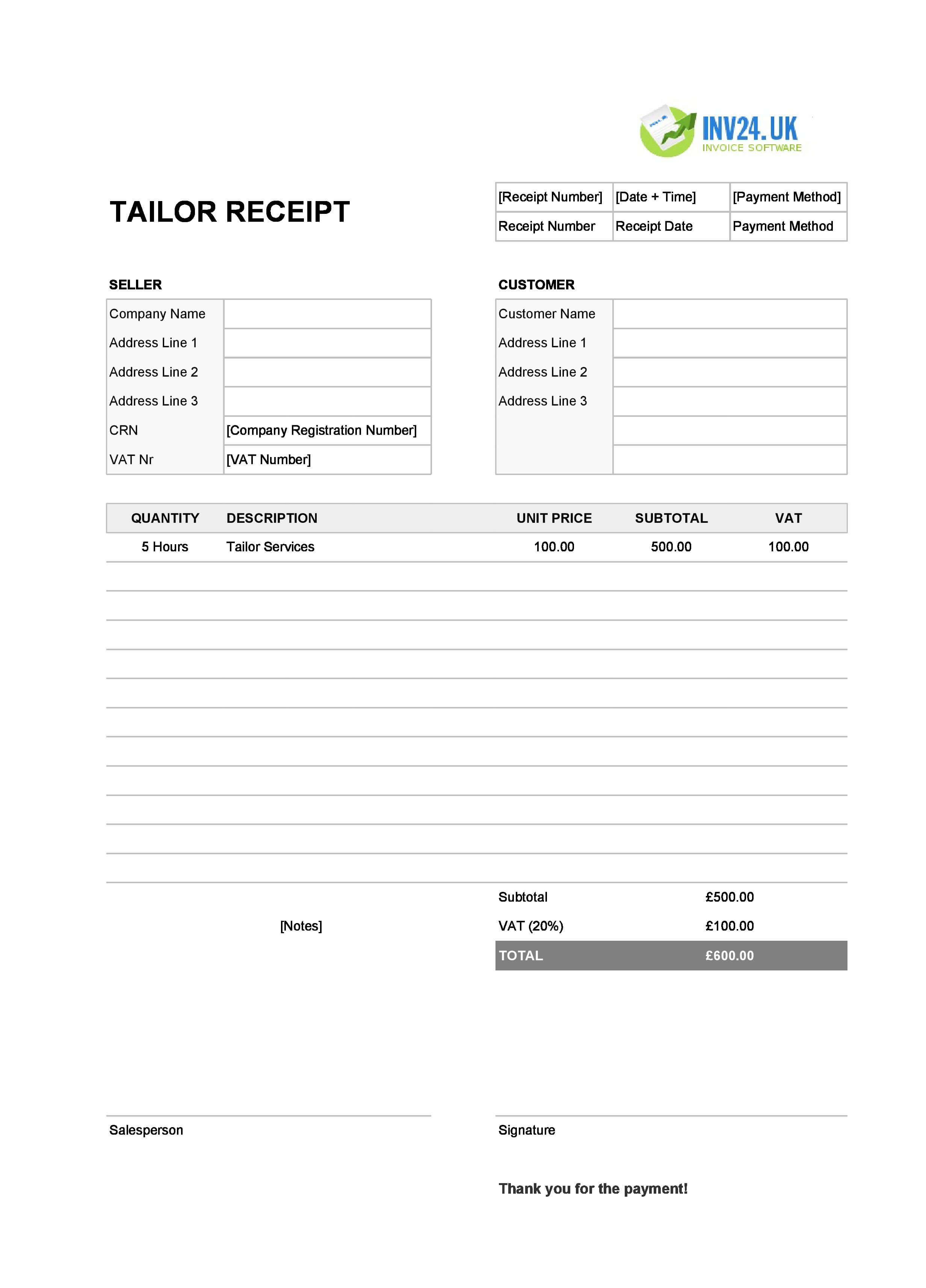 Tailor Receipt Template for UK (Excel / Google Sheets)