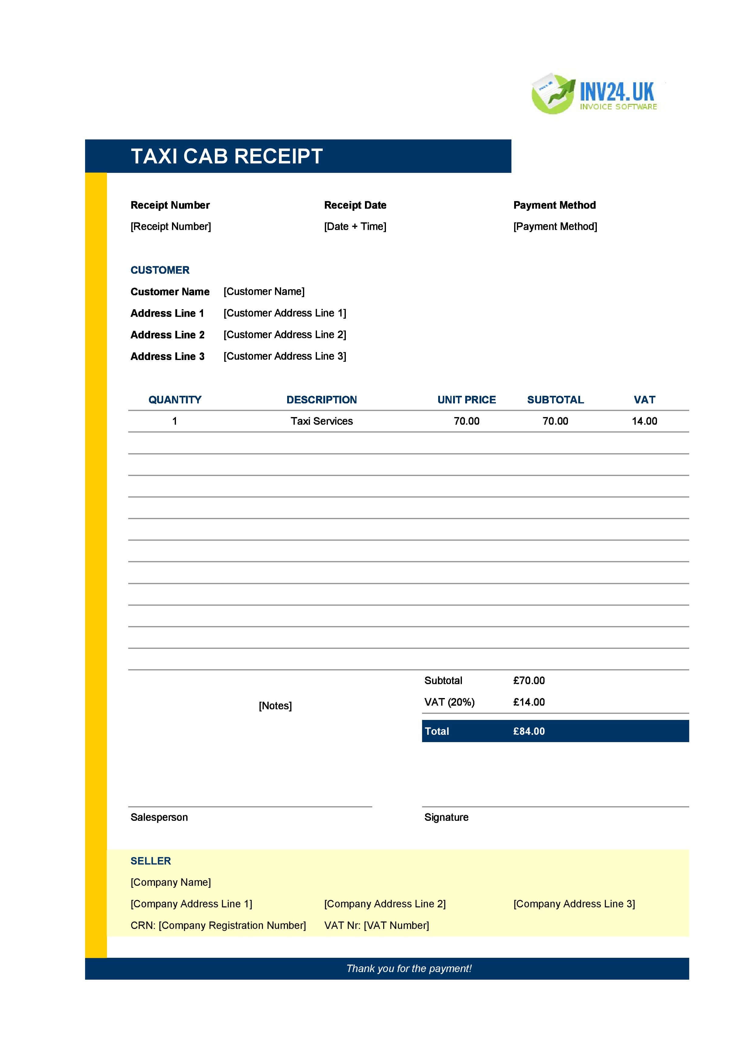 Taxi Cab Receipt Template for UK (Excel / Google Sheets)