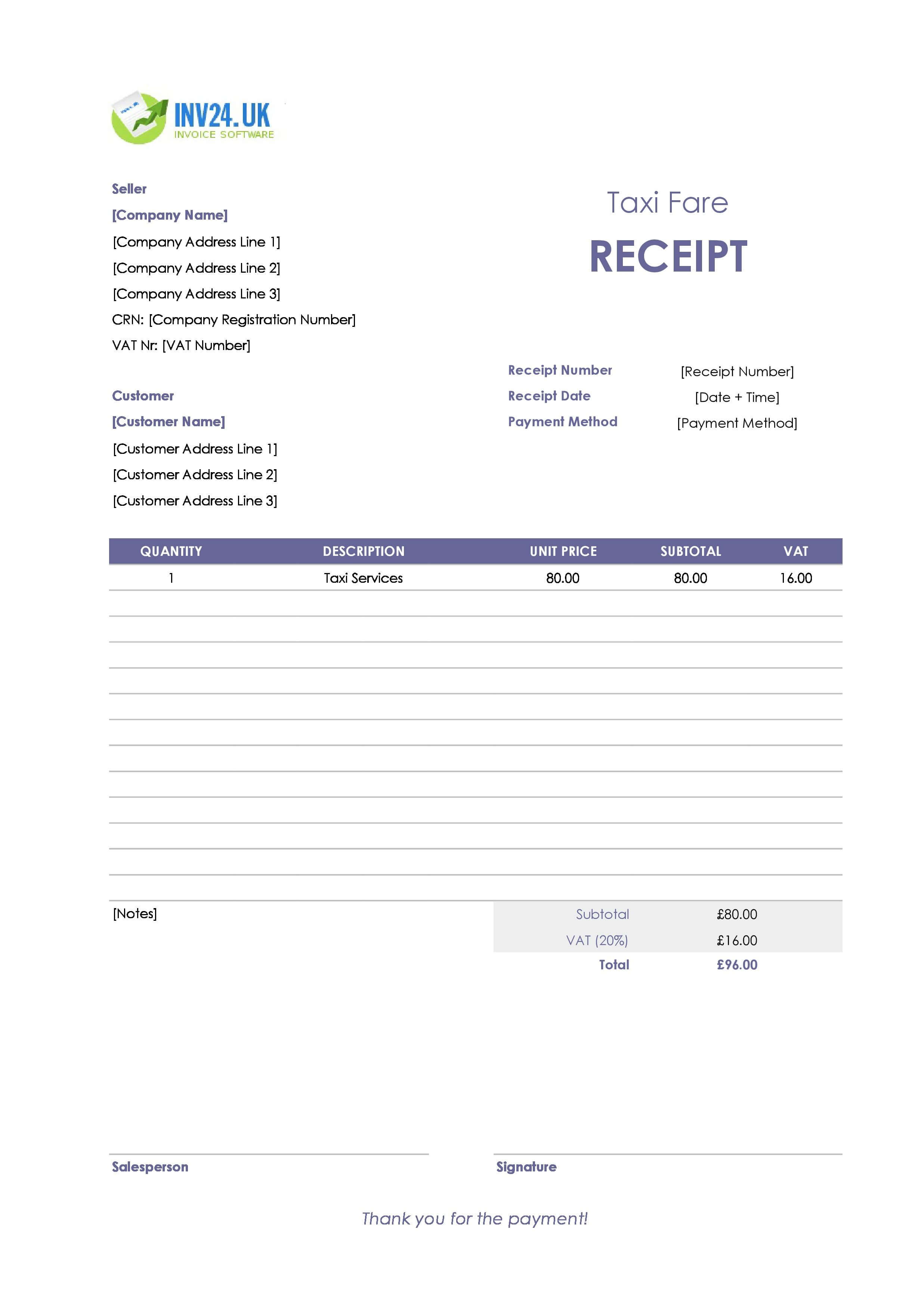 Taxi Fare Receipt Template for UK (Excel / Google Sheets)
