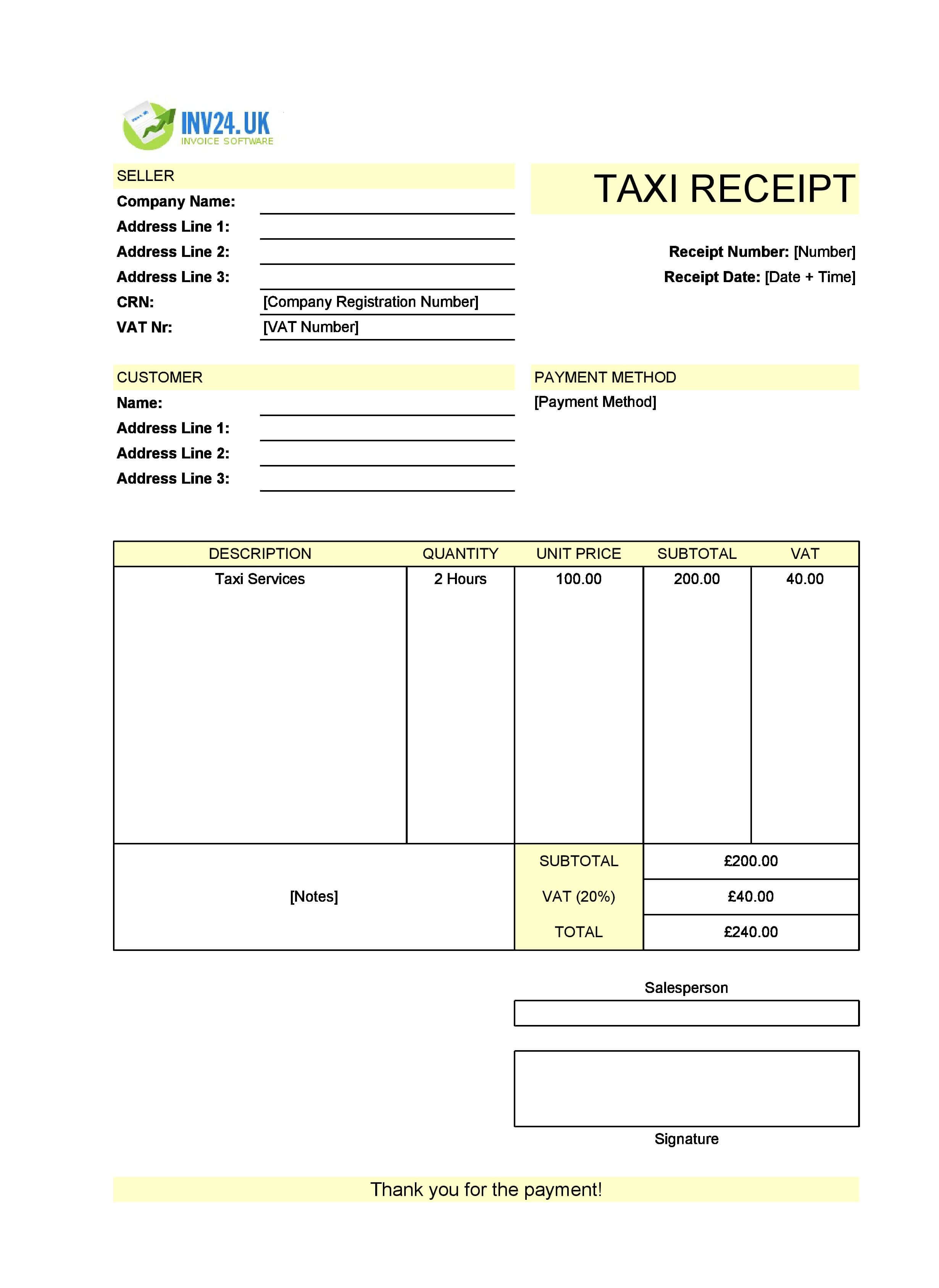 Taxi Receipt Template for UK (Excel / Google Sheets)