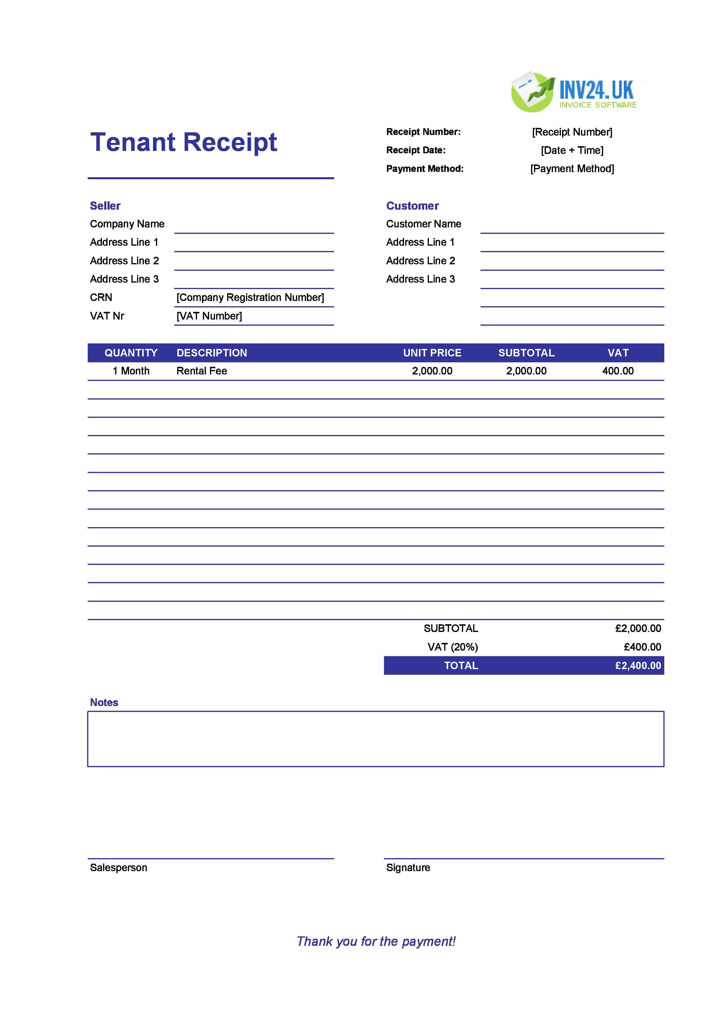 Tenant Receipt Template for UK (Excel / Google Sheets)