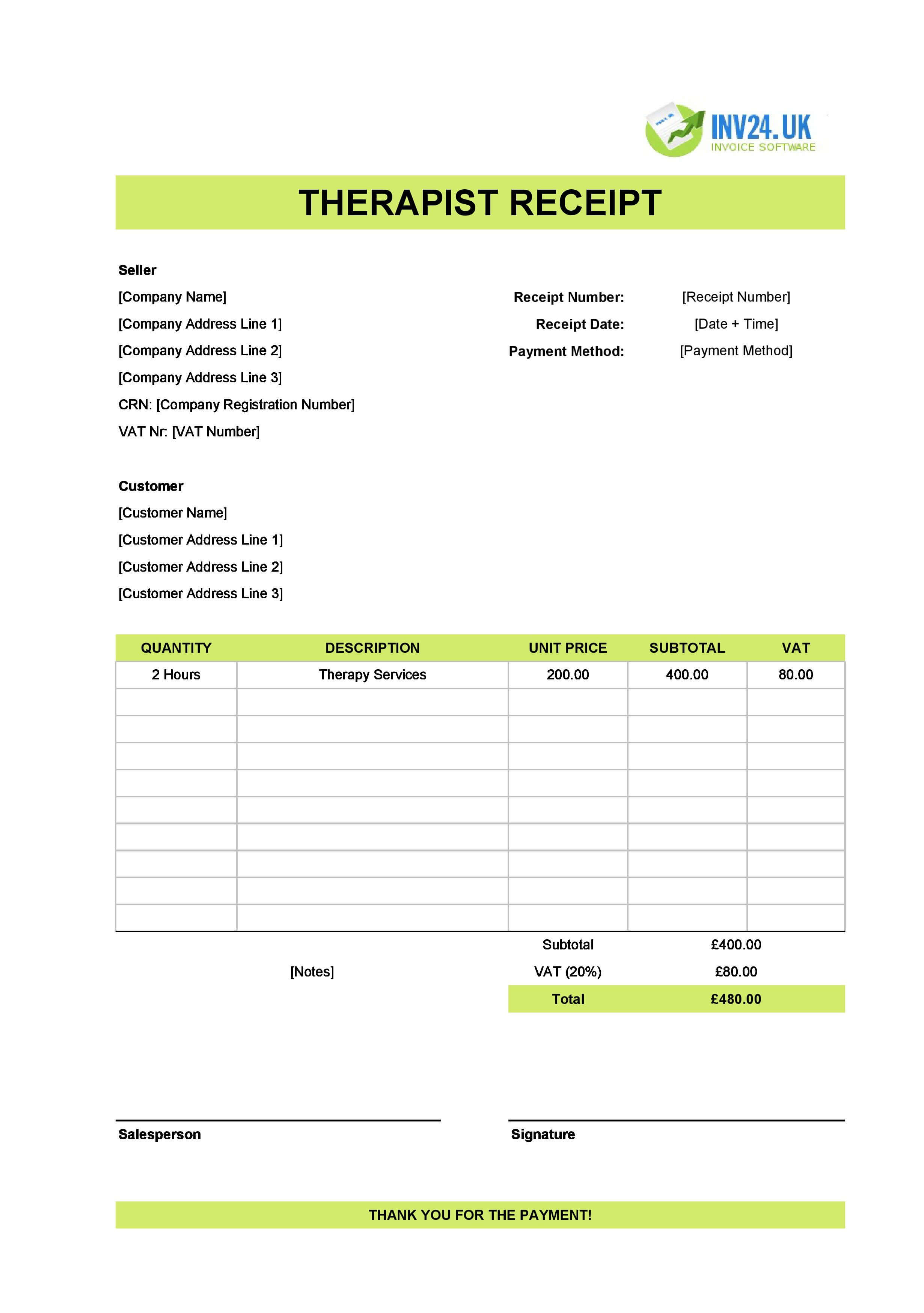Therapist Receipt Template for UK (Excel / Google Sheets)
